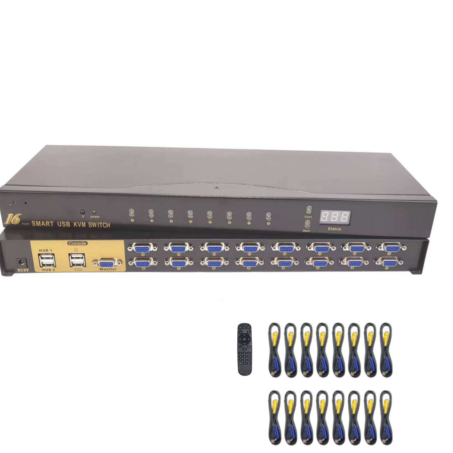 16-Port USB VGA KVM Switch - 16 in 1 Out Projector Video Display with Remote Control & 16 VGA Cables | Compatible with Win98/ME/2KP4/XP/2003, Linux, MAC | Ideal for Server Rooms, Data Centers & Multi-Computer Workstations