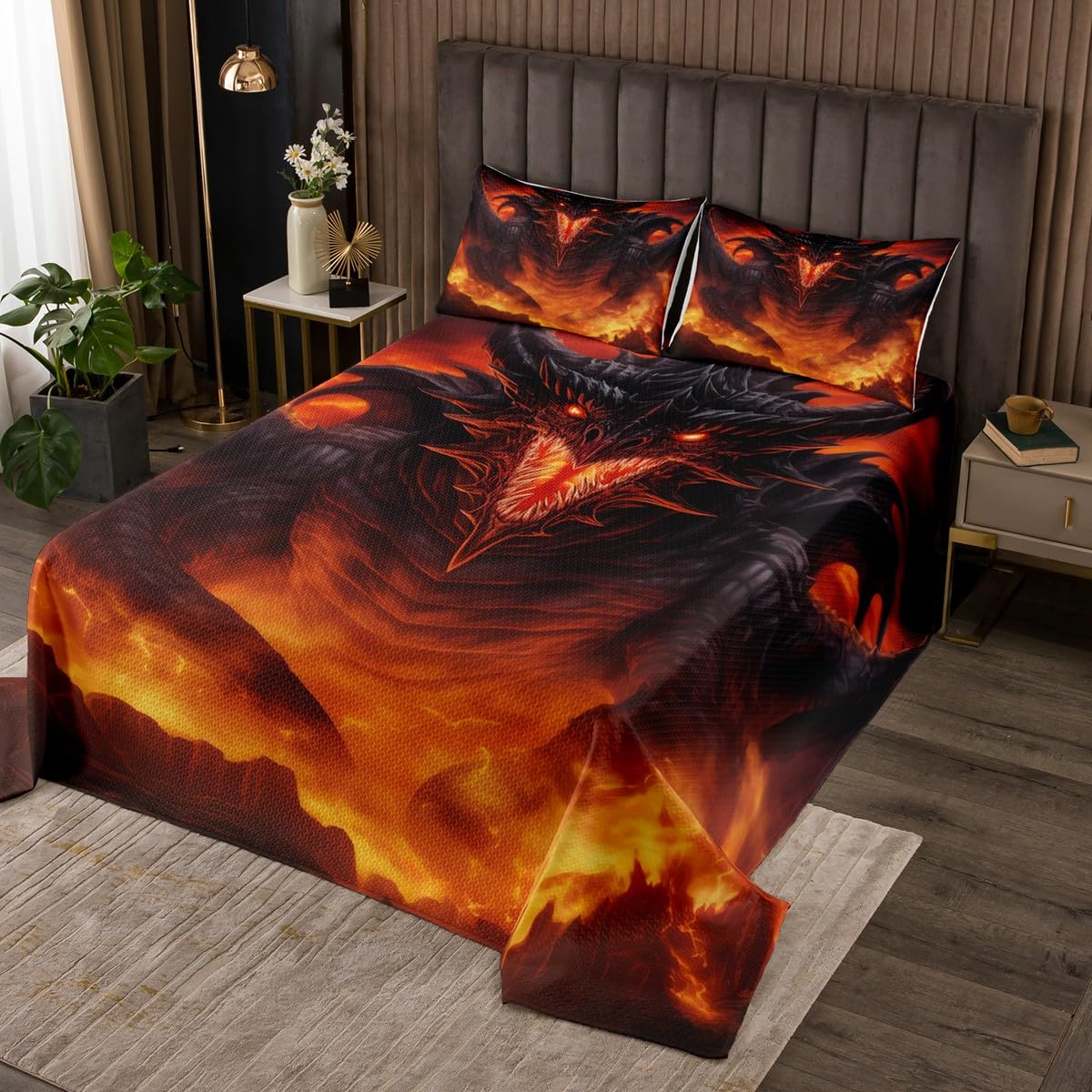 Fierce Dragon King Bedspread Set with Pillowcases - Wild Dino Themed Bedding for Teens & Adults - Perfect for Dragon Lovers' Room Decor