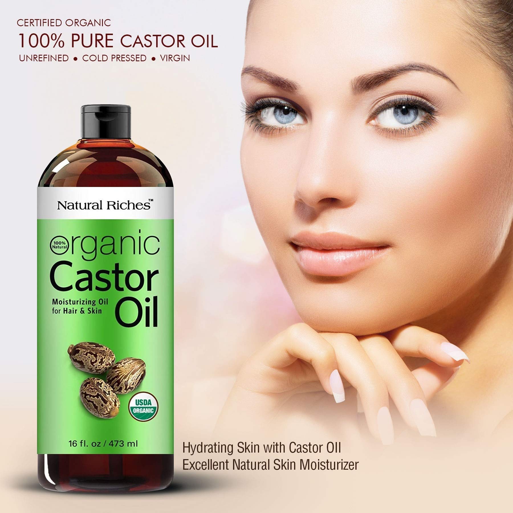 Natural Riches Organic Cold-Pressed Castor Oil & Almond Oil for Hair Growth - Thickens Hair, Reduces Hair Loss & Dandruff - Deeply Moisturizes Scalp & Skin - California-Grown Almonds - Perfect for Daily Hair Care, Scalp Massage & Skin Hydration