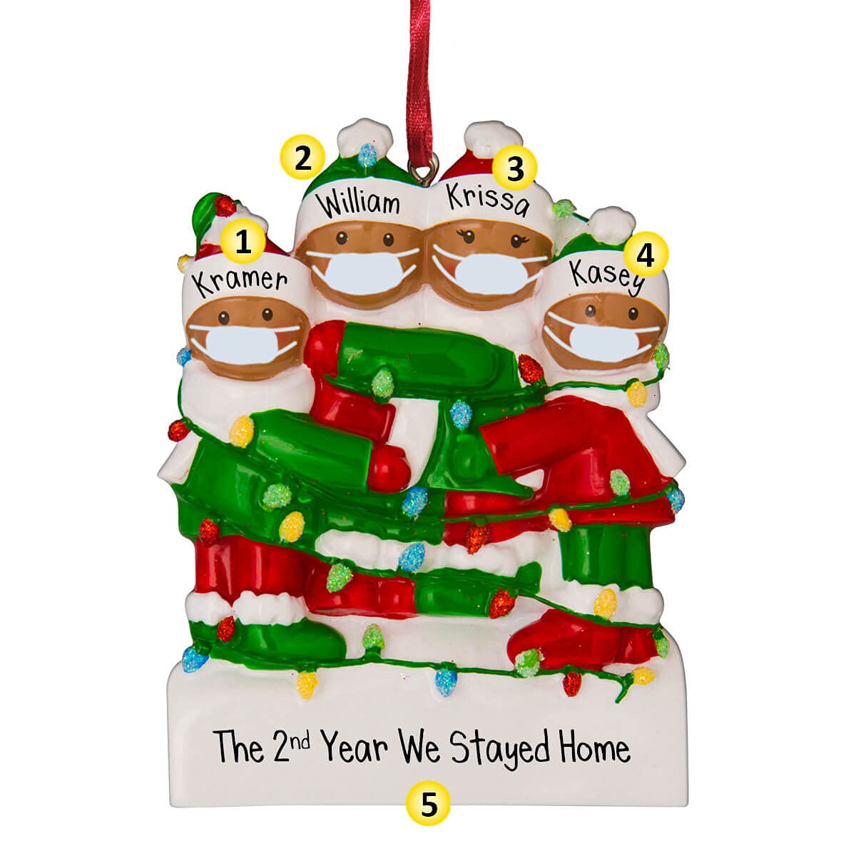 African American Family Christmas Ornament with Face Masks - Personalized Holiday Decoration for Family of 4 - Handcrafted Tree Decor - Perfect for Christmas Tree, Home Decor & Gift Giving