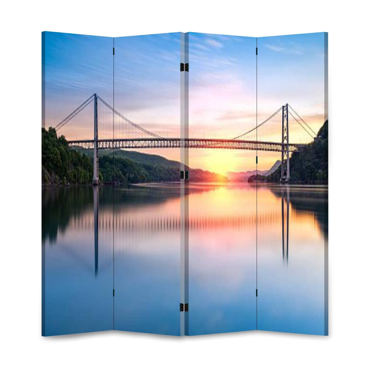 Wooden Room Divider - Hudson River Sunrise Folding Privacy Screen | Double-Sided Canvas Partition Wall | 4-Panel Foldable Indoor Display for Living Room, Bedroom & Office