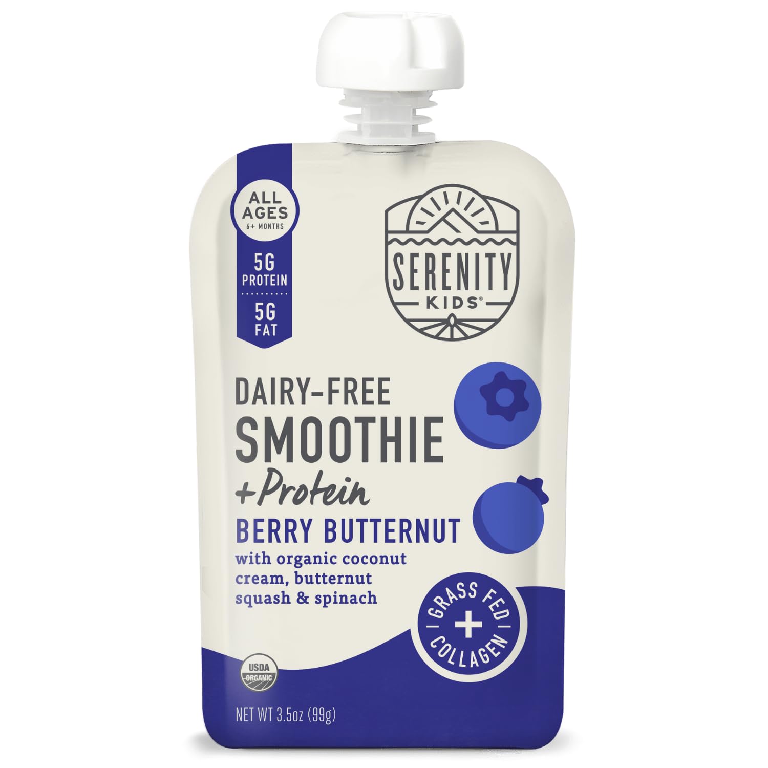 Serenity Kids Organic Baby Food Pouch - Dairy Free Smoothie for 6+ Months - USDA Organic, Grass Fed Collagen Protein - 3.5oz BPA-Free (Berry Butternut, 6 Pack) | Perfect for On-the-Go Feeding & Toddler Snacks