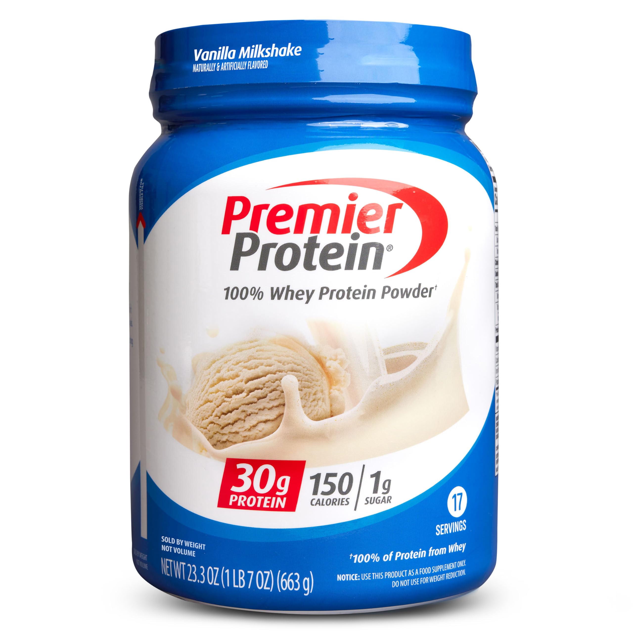 Premier Protein Powder Vanilla Milkshake - 30g Protein, 1g Sugar, 100% Whey Protein | Keto Friendly, Soy Free, Gluten Free | 17 Servings (23.3 oz) for Post-Workout Recovery & Healthy Meal Replacement