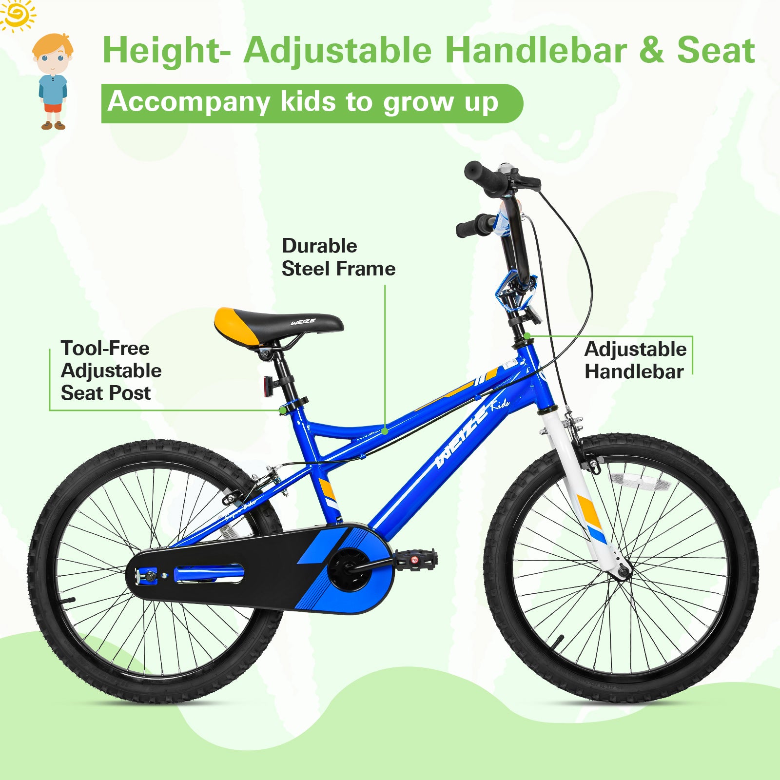 20 Inch Kids Bike for Boys & Girls Ages 6-12 Years | Adjustable Height 48-62 Inch | Coaster Brake Children's Bicycle (Blue) - Perfect for Neighborhood Rides, Park Adventures & Learning to Cycle