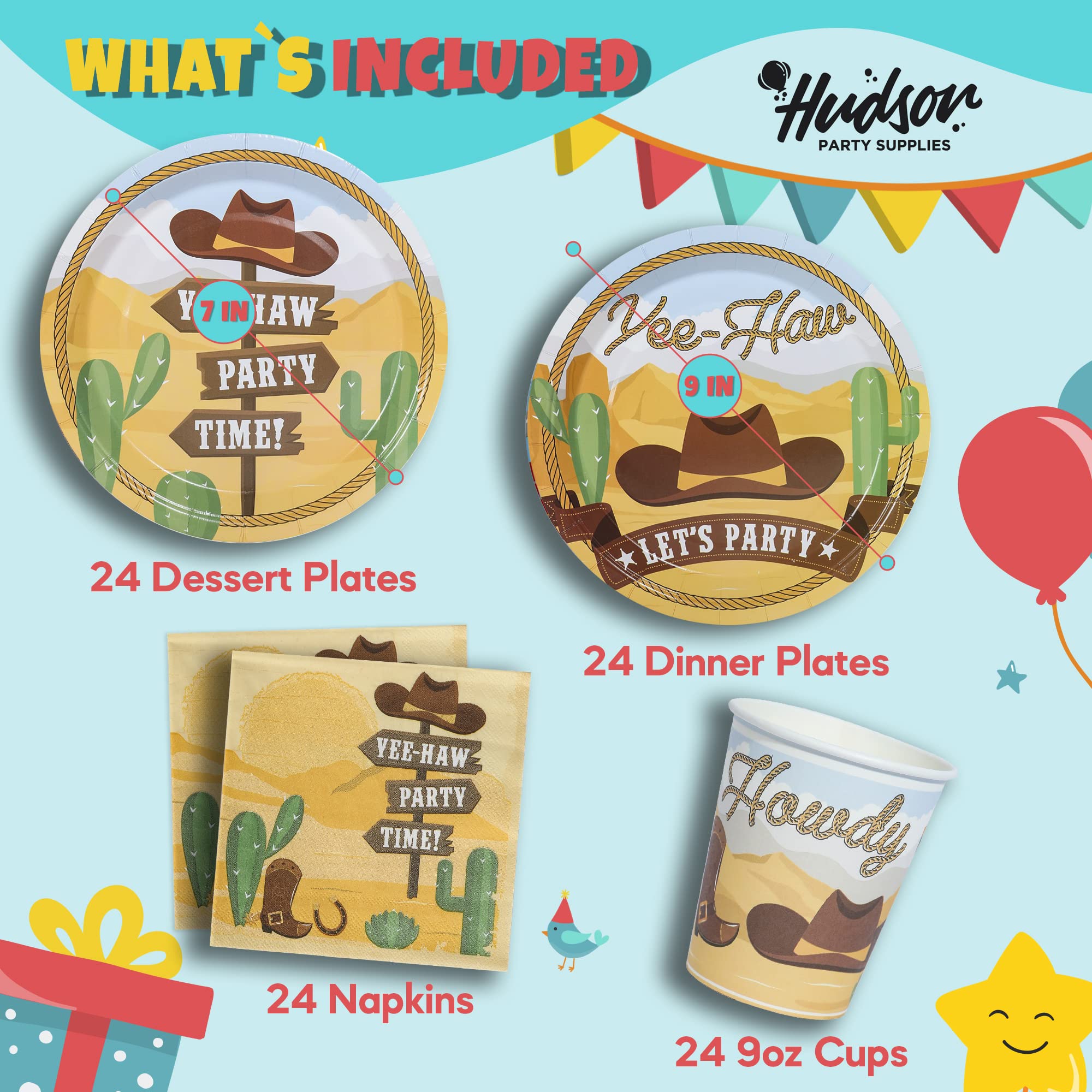 Western Birthday Party Supplies Set for 24 Guests - Cowboy & Cowgirl Themed Dinner Plates, Dessert Plates, Cups & Napkins - Rodeo Decorations for Kids, Boys & Girls Birthday Parties - Perfect for Wild West, Cowboy & Western Theme Parties