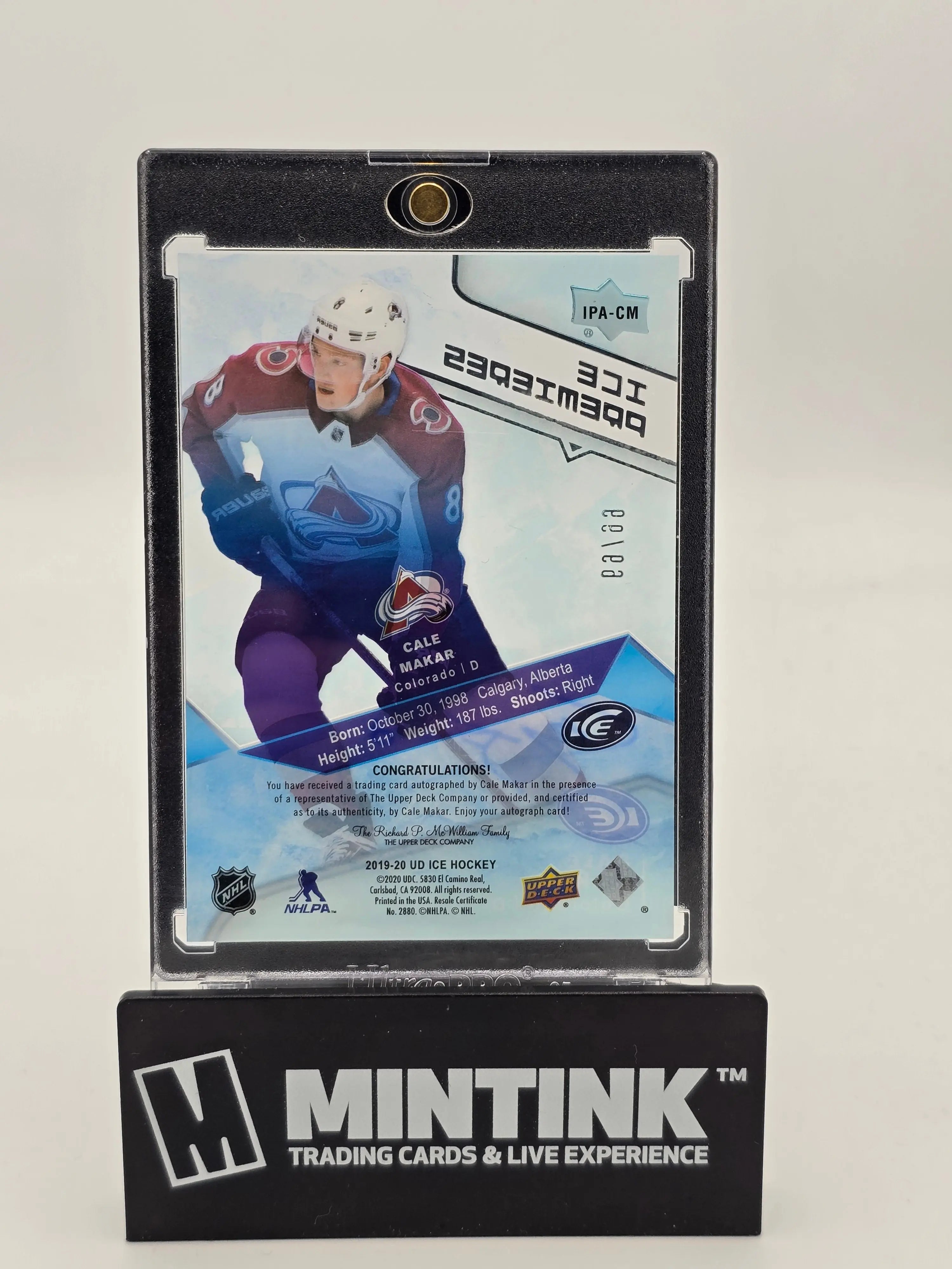 2019-20 Upper Deck Ice Hockey Cale Makar Ice Premieres Auto Autograph /99 Rookie Card - Perfect for NHL Collectors, Sports Memorabilia Fans & Hockey Card Investors