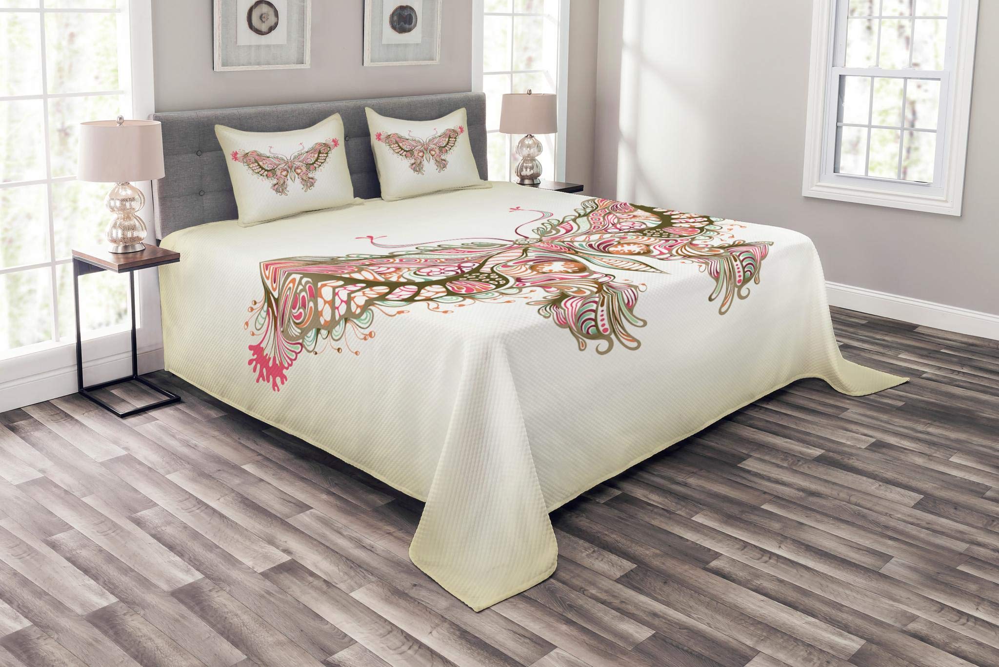 Lunarable Butterfly Bedspread Set - King Size 3-Piece Quilted Coverlet with 2 Pillow Shams, Retro Butterfly & Floral Design in Cream Green Pink - Elegant Bedroom Decor for Master Bedroom, Guest Room & Home Staging