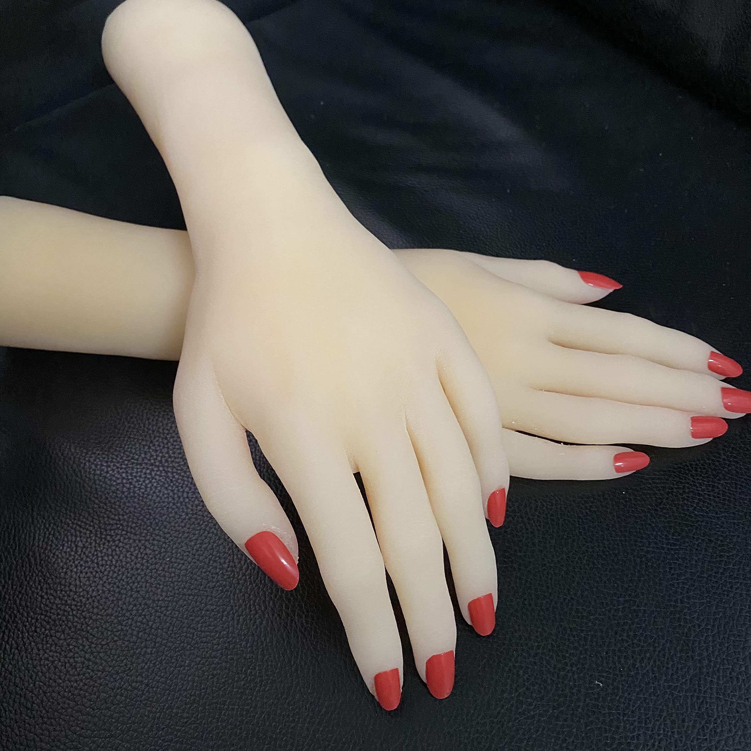 ZHY 1 Pair Lifelike Silicone Female Mannequin Hands - Bendable Fingers for Jewelry, Sandals, Shoes & Sock Display - Reusable Skin Tone Mannequin Hands with Red Nails - Perfect for Retail Stores, Photography Props & Art Sketching