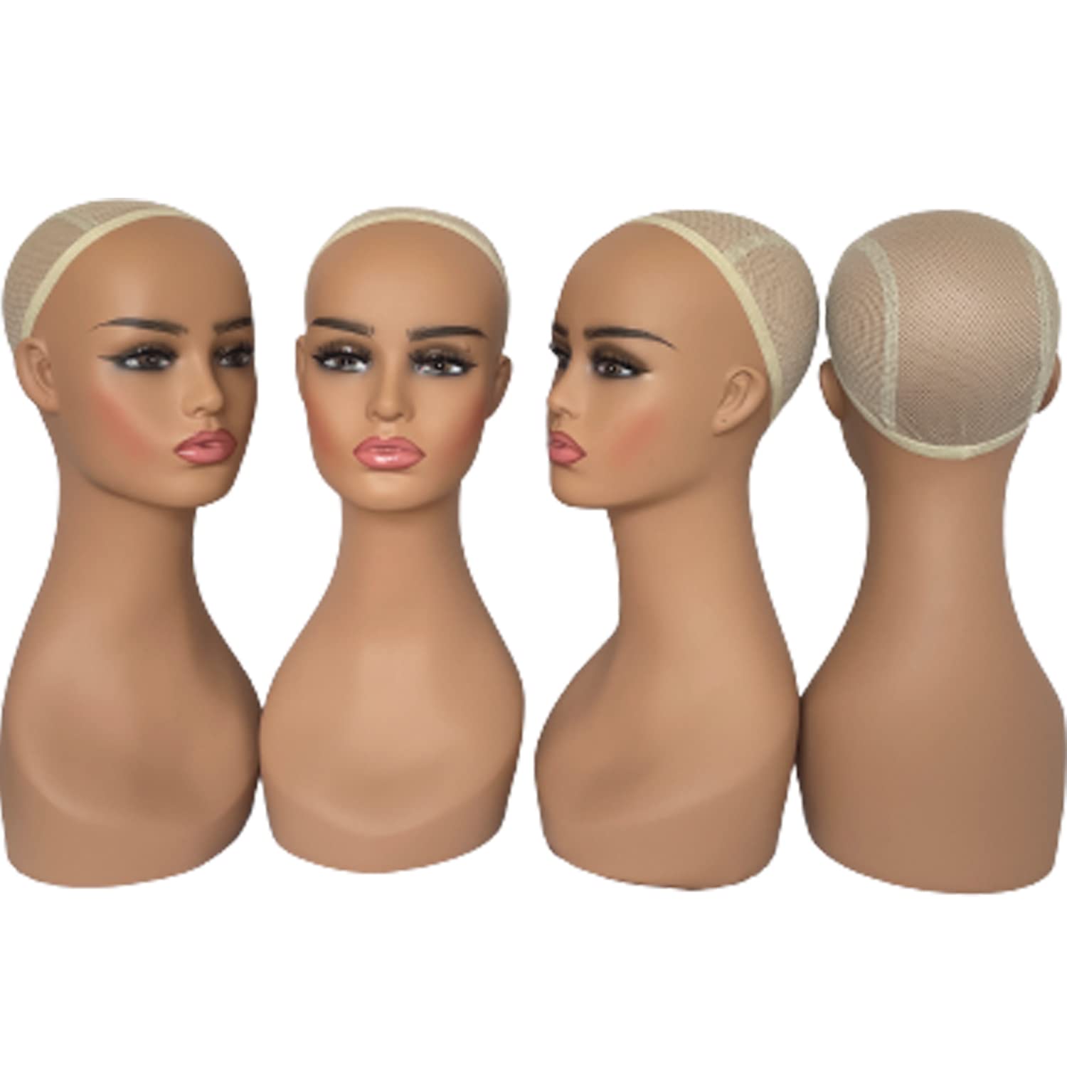 4PCS Realistic Female Mannequin Head with Long Neck - PVC Wig Display Stand for Wigs, Hats, Sunglasses & Jewelry (Light Brown) - Perfect for Salon, Beauty School & Home Styling Practice
