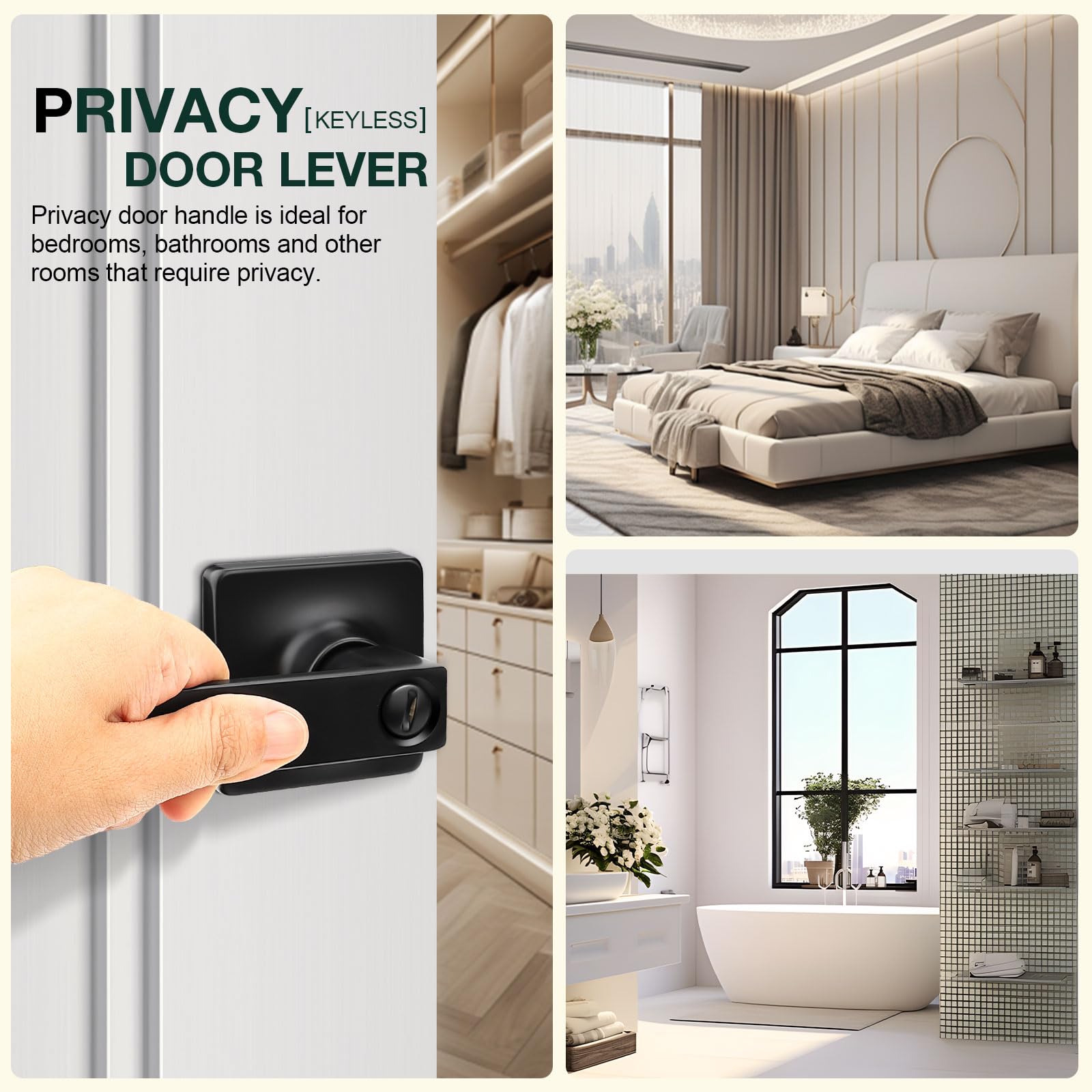 Gobekor 3-Pack Matte Black Privacy Door Handles - Square Lever Interior Door Handles with Lock - Modern Door Hardware for Bedroom, Bathroom & Office Privacy