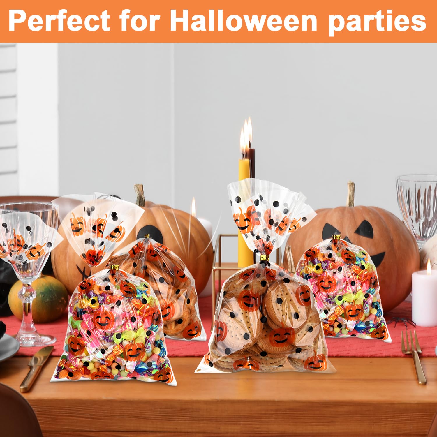 Halloween Pumpkin Print Cone Cellophane Bags - 100 Heat Sealable Treat Bags with Golden Twist Ties for Candy, Party Favors & Gift Giving - Perfect for Trick-or-Treat, Halloween Parties & Classroom Treats
