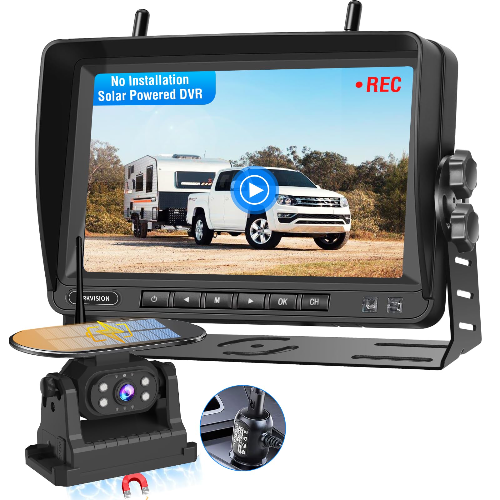 PARKVISION Wireless Solar Magnetic Reversing Camera - 1080P HD Rear View Backup Camera with 7'' LCD Monitor & Antenna - DIY Solar-Powered Parking Aid for Trucks, RVs, Trailers - Perfect for Safe Reversing & Night Driving