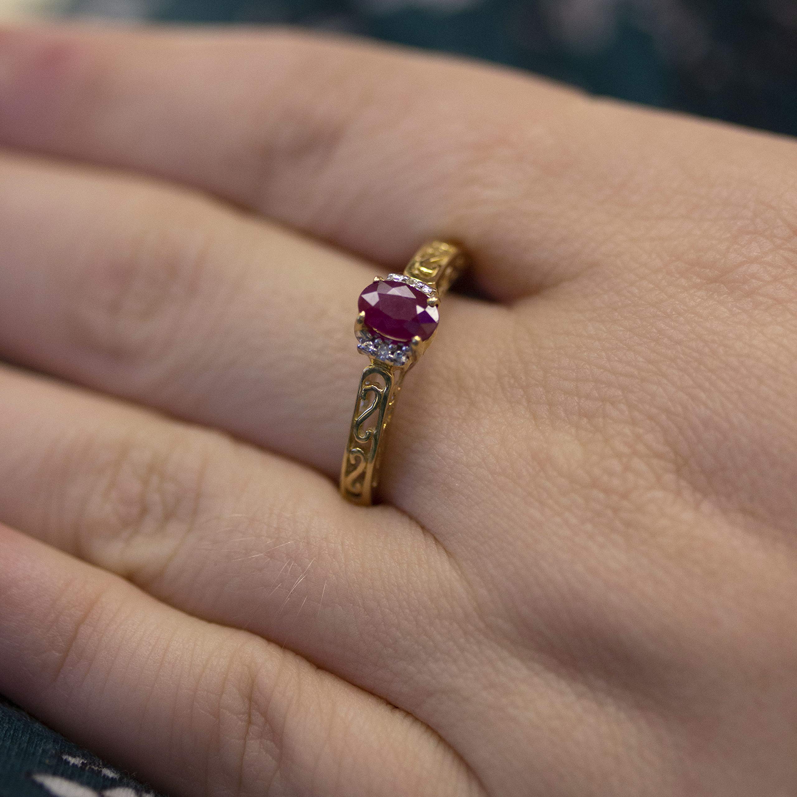 10K Yellow Gold Oval Ruby and Diamond Ring for Women - Elegant Vintage Style Engagement & Wedding Band - Perfect for Anniversaries, Proposals, and Special Occasions