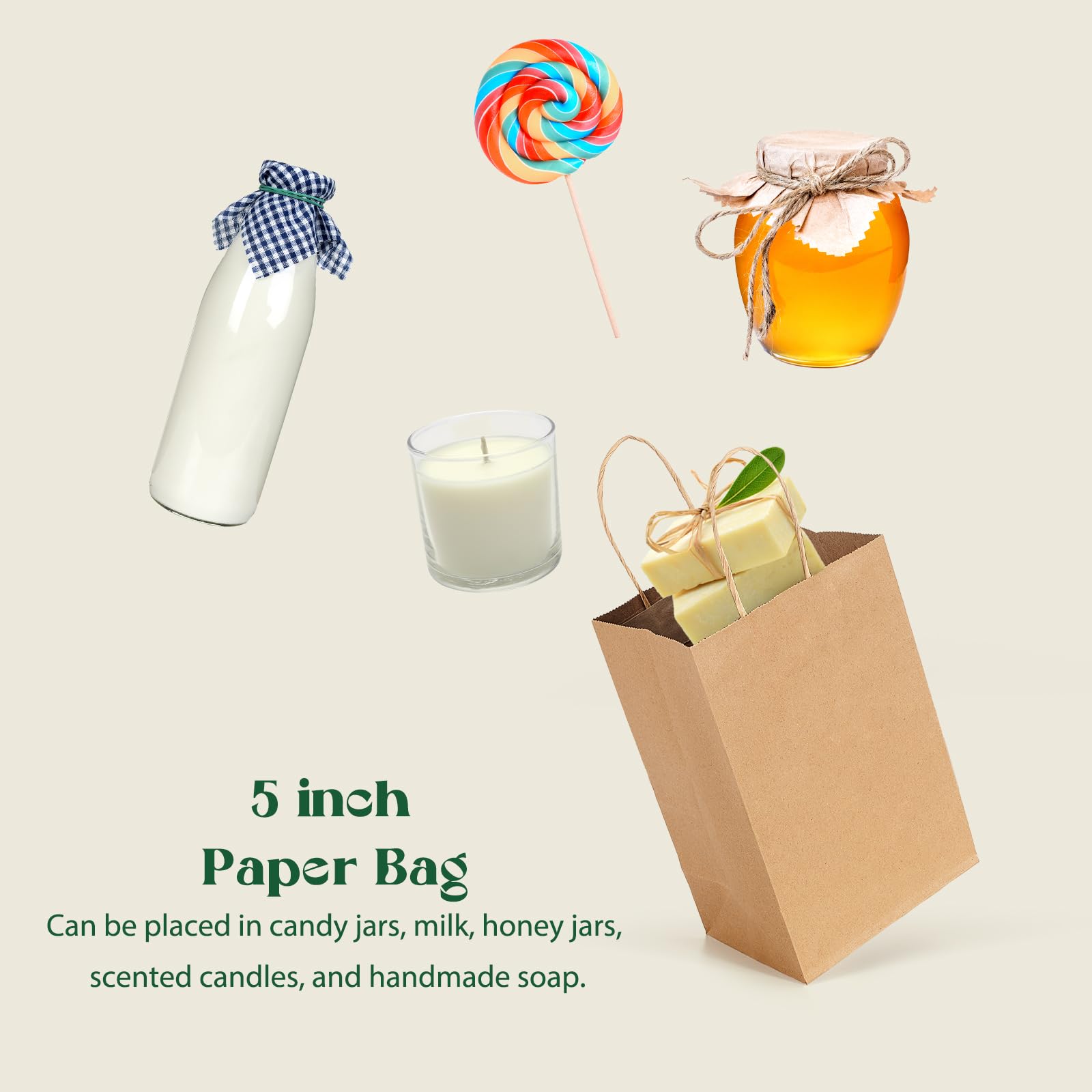 100-Pack MESHA Kraft Paper Gift Bags 5.25x3.75x8 Inches - Eco-Friendly Brown Small Shopping Bags with Handles for Retail, Birthday, Wedding Favors & Party Decor | Bulk Wholesale for Small Businesses