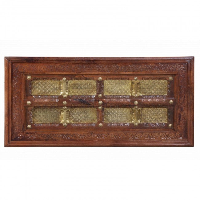 Antique Brass Embossed Solid Wood Coffee Table - Indian Golden Window Design for Living Room, Lounge & Home Decor