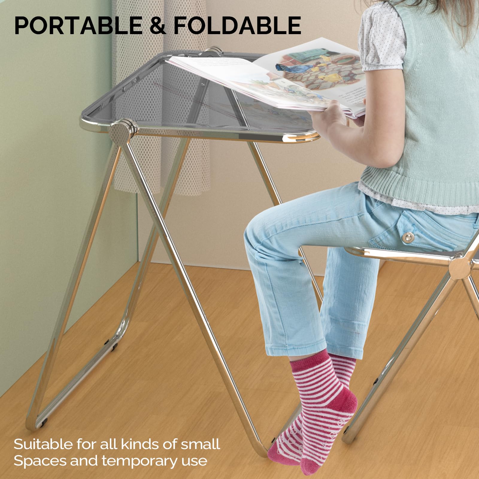 VINGLI Foldable Acrylic Table and Chair Set - Portable TV Tray for Snack & Dinner on Couch, Compact Writing Desk for Home Office & Small Spaces (Grey) - Perfect for Apartments, Dorms, and Cozy Living Rooms