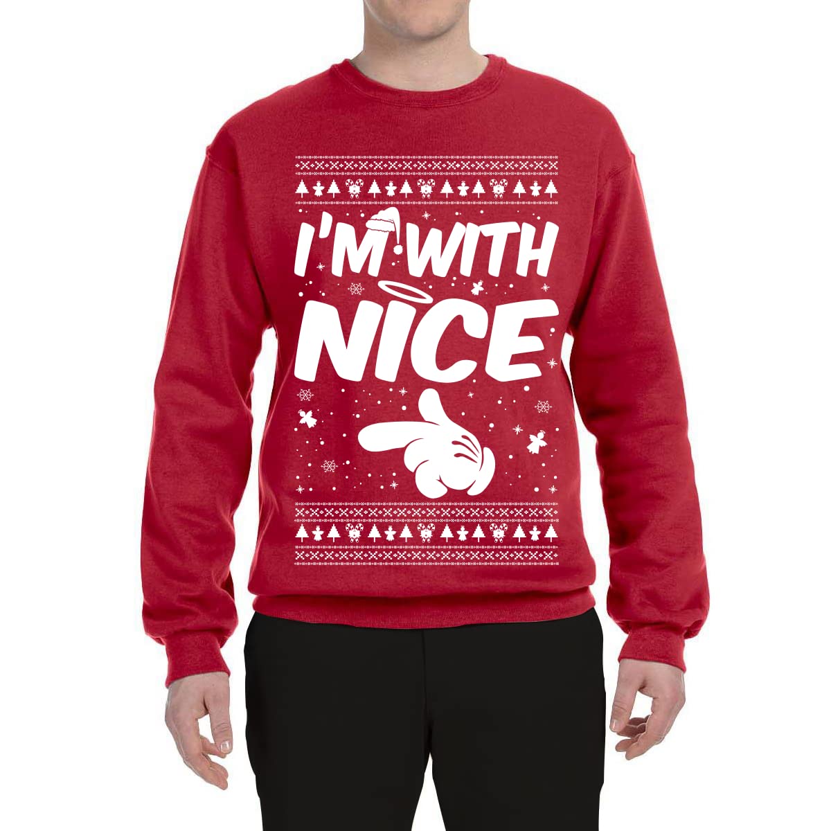 Wild Bobby 'I'm With Nice' Ugly Christmas Sweater - Unisex Crewneck Graphic Holiday Sweatshirt for Xmas Parties & Family Gatherings