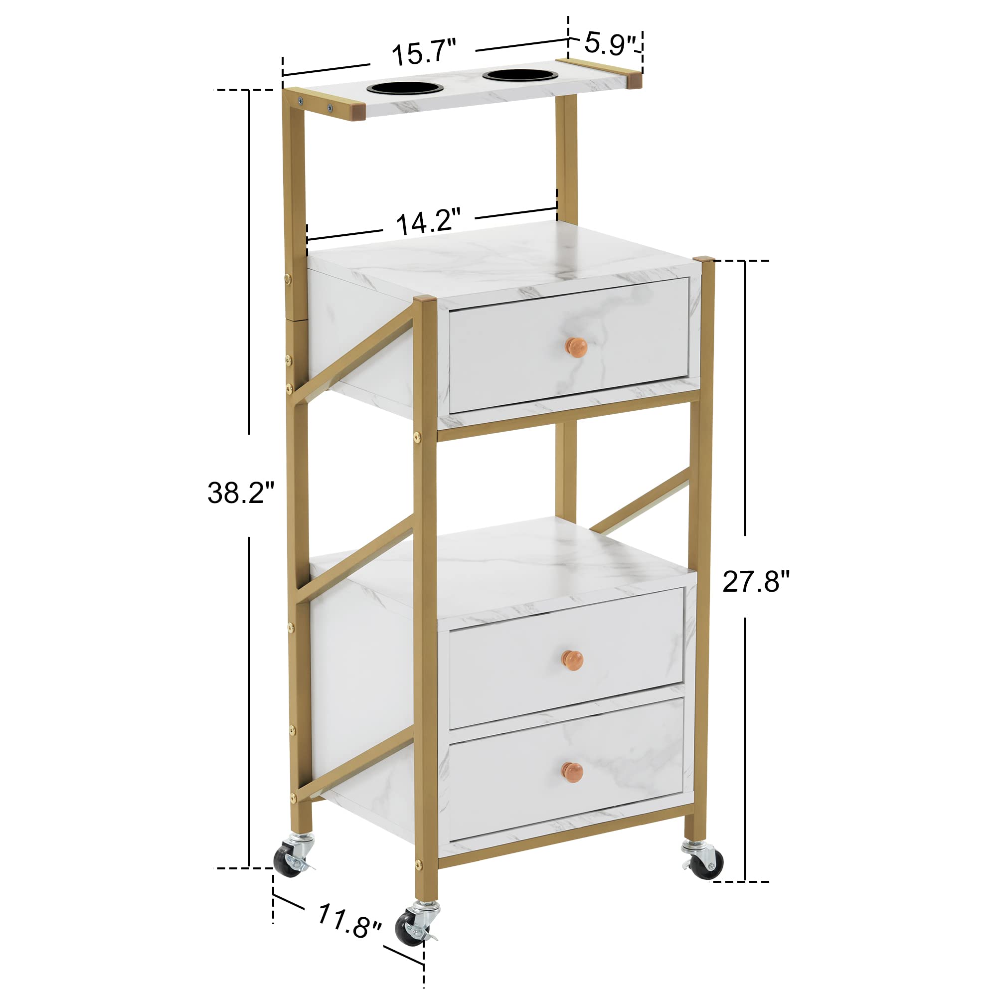 Professional Barber Salon Trolley Cart with Wheels - 3 Drawers Rolling Beauty Station with Marble Top & 2 Hair Dryer Holders - Mobile Makeup Storage Organizer for Salon, Barber Shop & Home Use (White)