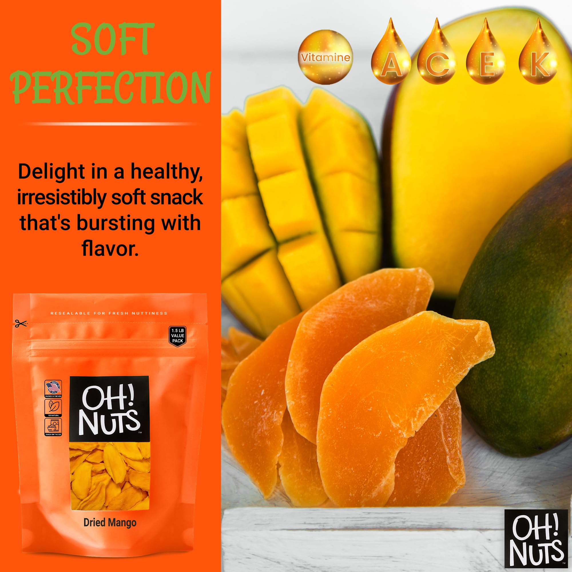 Oh! Nuts Dried Mango Slices - 1 LB Bag of Dehydrated Fruit Snacks - All Natural, No Sugar Added - Perfect for Healthy Snacking, Trail Mix & Baking - Packed in Resealable Zip Bag for Freshness - Great for Office, Hiking & Kids Lunch Boxes