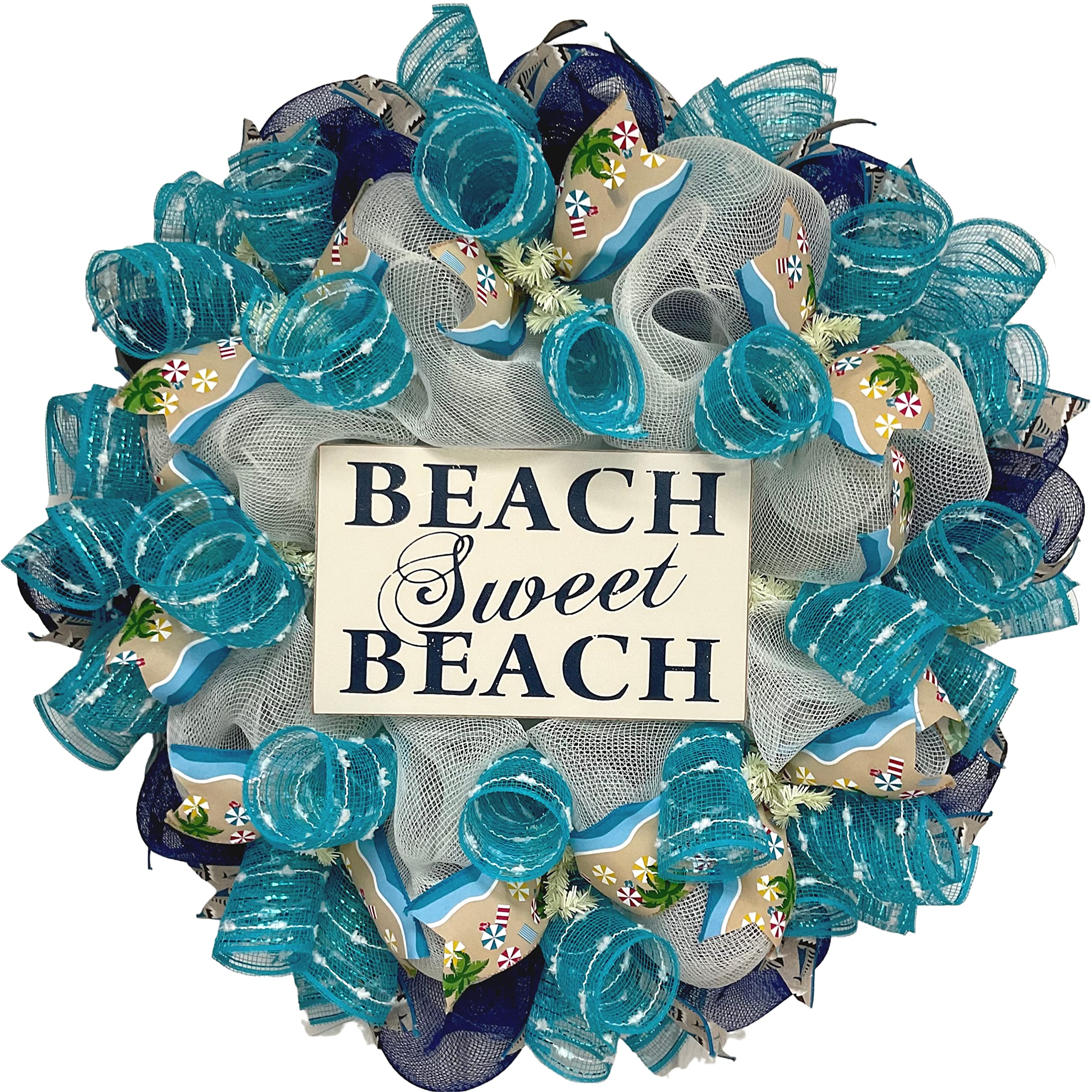 Handmade Deco Mesh Wreath for Beach Decor - Coastal Home Decor, Front Door Wreath for Summer, Beach House Wall Hanging