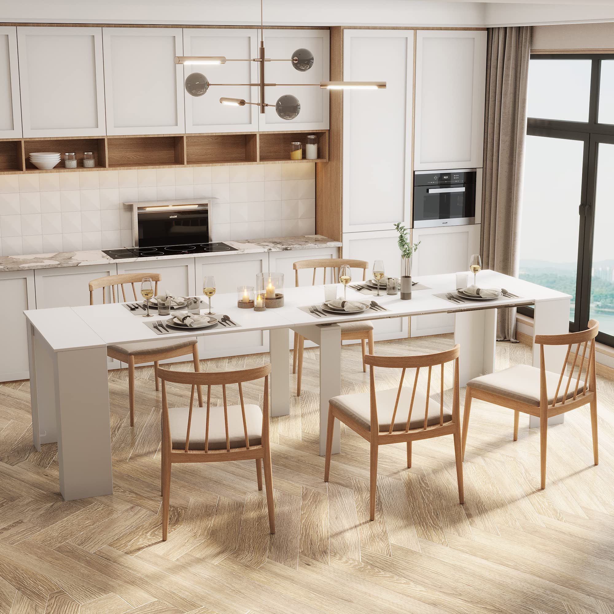 Expandable Dining Table for 6-12 People, White Extendable Wooden Kitchen Table (20