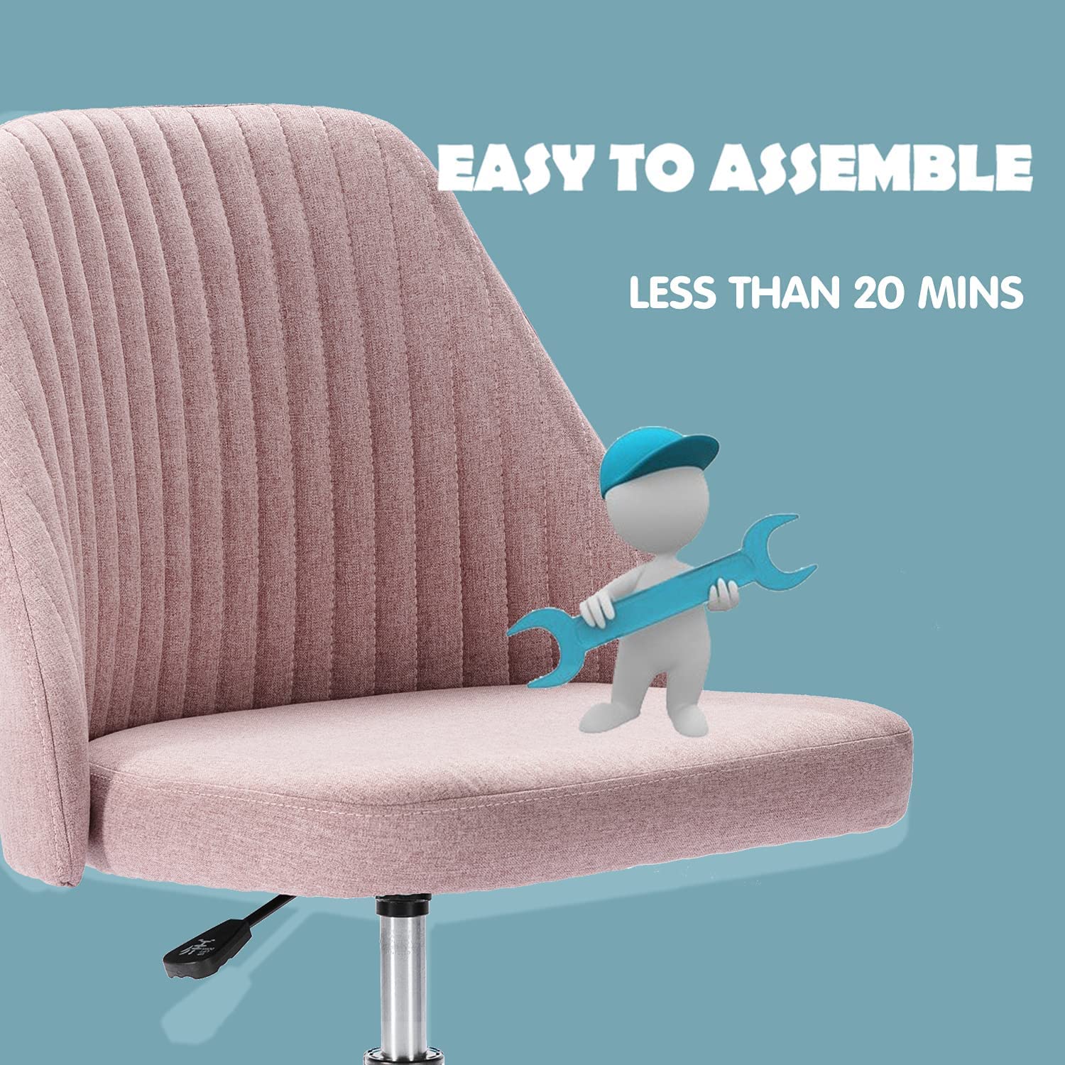 Ergonomic Home Office Desk Chair - Adjustable Low Back Rolling Vanity Chair with Wheels, Modern Twill Upholstered Cute Chair for Bedroom, Classroom & Dressing Room - Rose Pink - Perfect for Remote Work, Online Classes & Makeup Stations