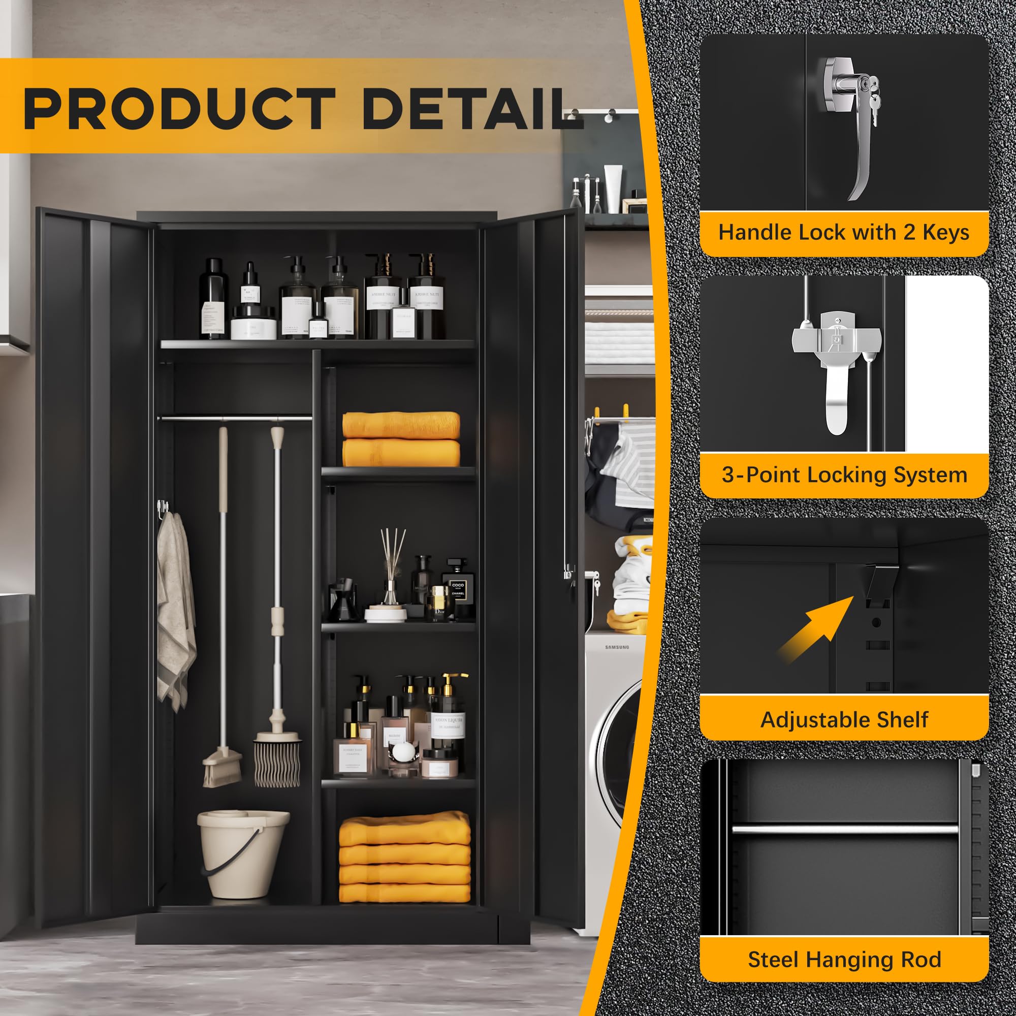 Greenvelly Black Metal Wardrobe Cabinet with Lock - Hanging Clothes Storage with Doors & Shelves for Home, Office, Bedroom, School & Gym | Space-Saving Closet Organizer for Small Spaces & Dorm Rooms