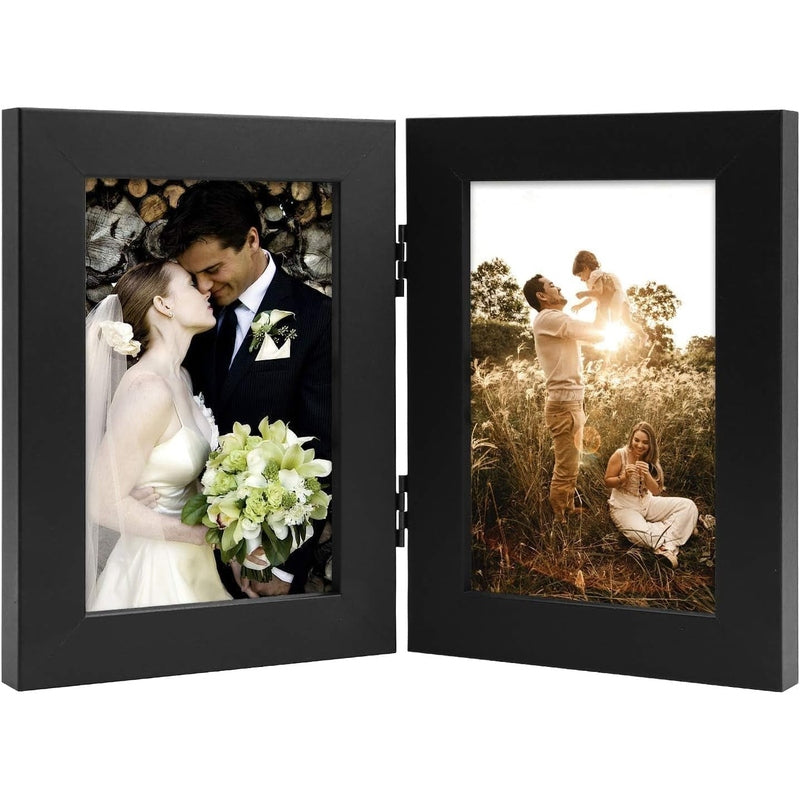 Double Vertical Hinged Photo Frame with Real Glass - Perfect for Displaying Wedding, Family & Graduation Photos - Home & Office Decor