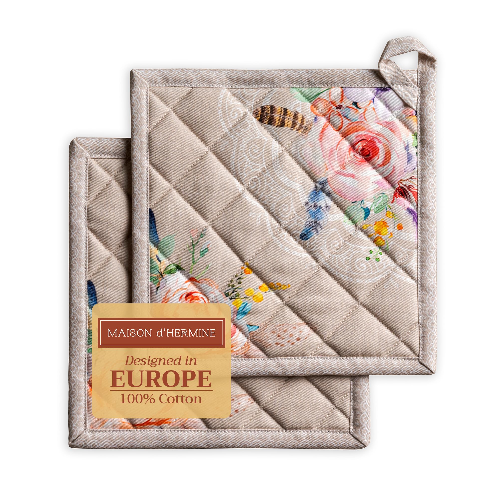 Maison d'Hermine 100% Cotton Heat Resistant Pot Holders Set of 2 - 8x8 Inches with Hanging Loop for Grilling, Microwave & Hot Pans - Easter & Spring Summer Kitchen Decor (Ibiza Beige) - Perfect for BBQ, Baking and Holiday Cooking