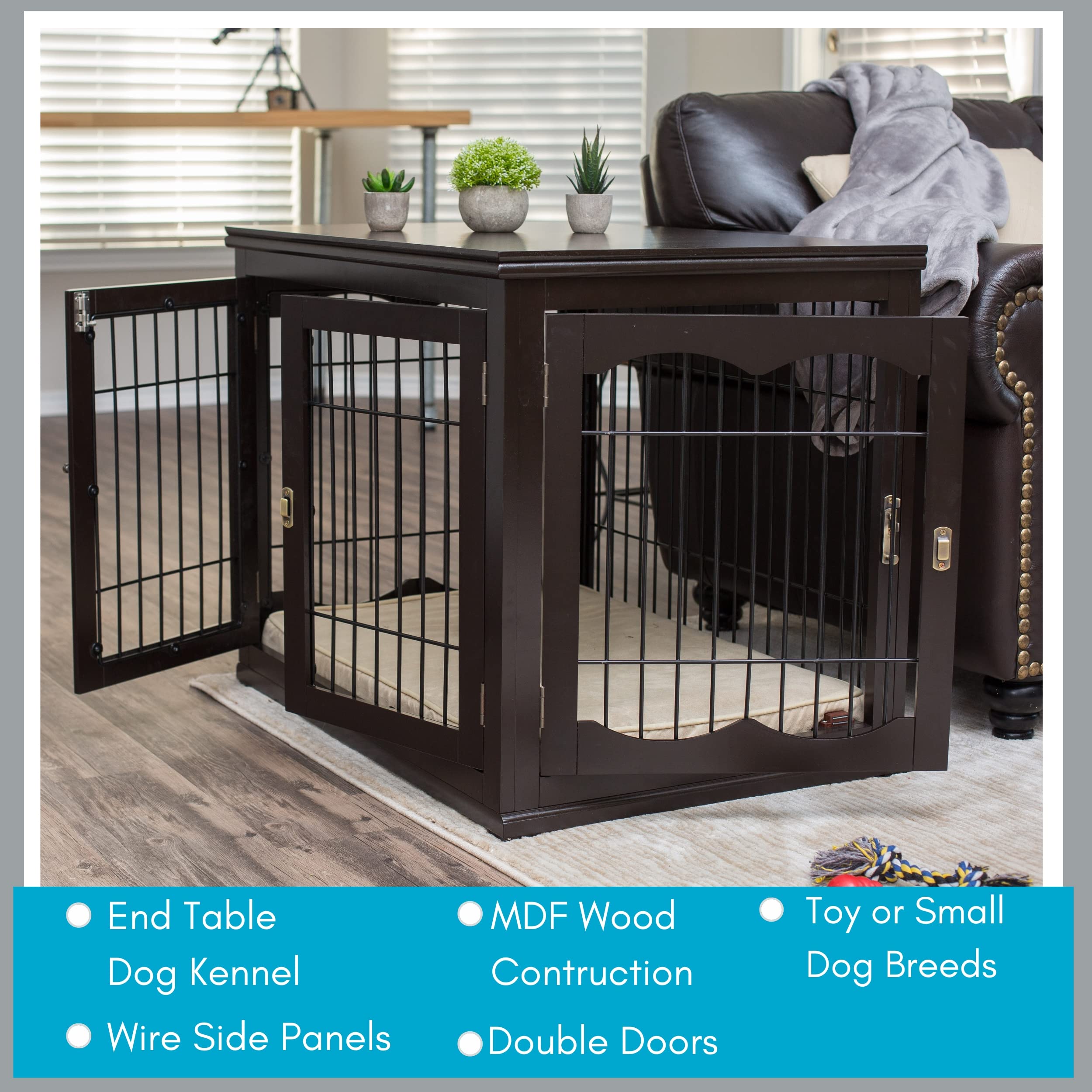 Best Decorative Dog Kennel with Pet Bed – Small Pet House, Double Door Indoor Crate – Engineered Wood & Wire Furniture – Side Table & Nightstand – Fits Small Dogs (Espresso) – Perfect for Living Rooms, Bedrooms & Home Decor