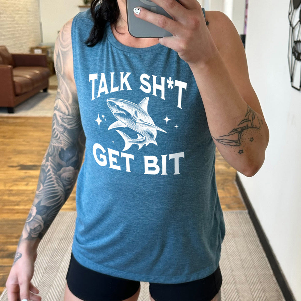 Talk Shit Get Bit Muscle Tank Top - Sleeveless Workout Shirt for Gym, Running & Fitness - Funny Sarcastic Graphic Tee for Women & Men