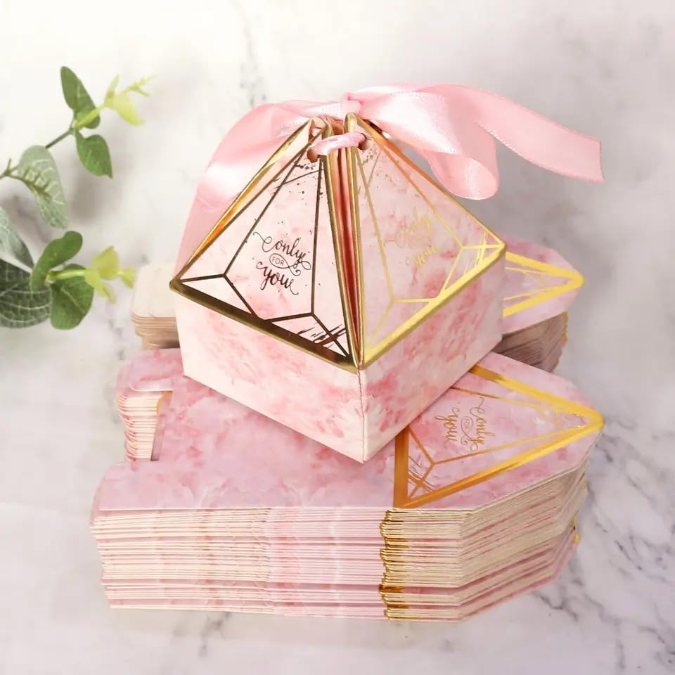 20-Piece Mini Decorative Diamond-Shaped Gift Box Set with Ribbon - Perfect for Wedding Favors, Birthday Party Favors, Chocolate & Dry Fruit Packaging (Pink) - Elegant Small Storage Solution for Jewelry, Candies & Party Supplies