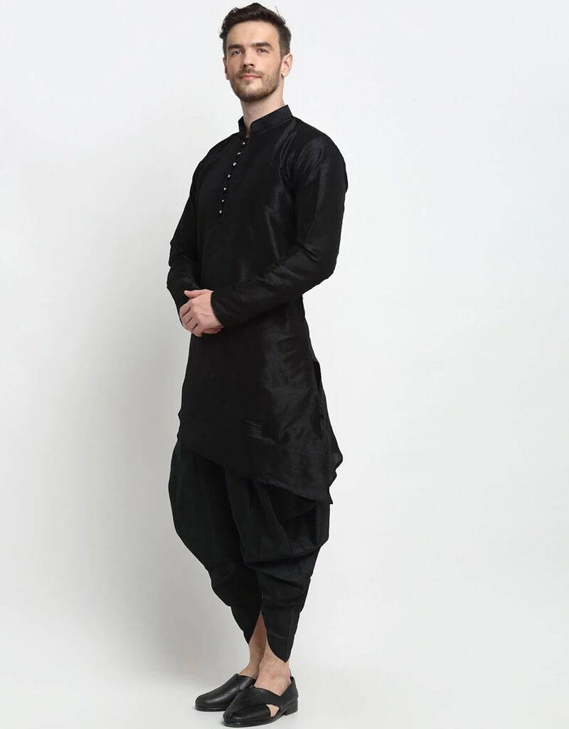 Black Kurta Dupion Silk Dhoti Set for Men - Premium Indian Traditional Wear for Festivals & Weddings