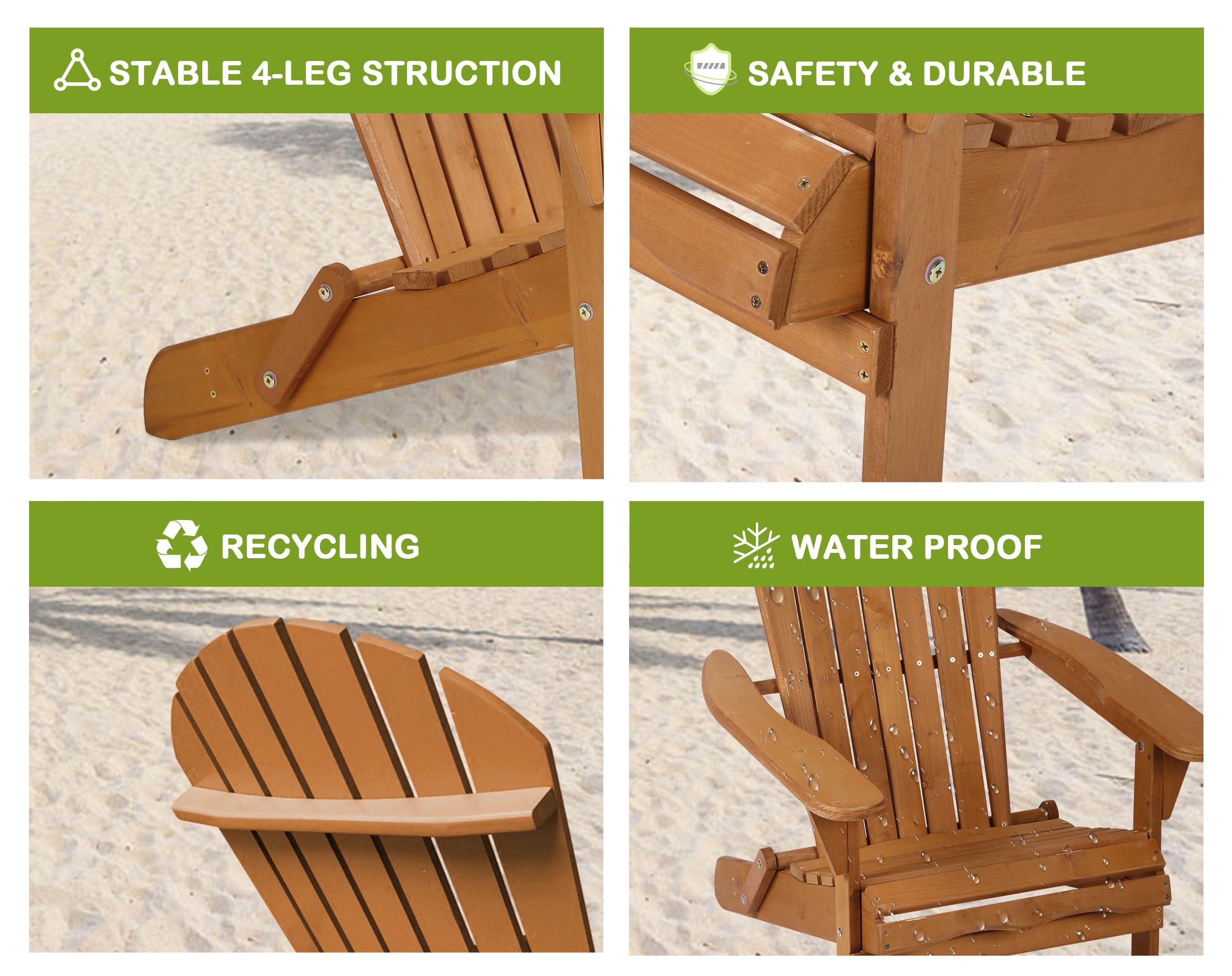 Solid Wood Folding Adirondack Chairs Set - 250 Lbs Weight Capacity, All-Weather Outdoor Lawn & Garden Chairs with Wide Armrests - Easy to Assemble Fire Pit Seating for Patio, Backyard & Poolside Relaxation