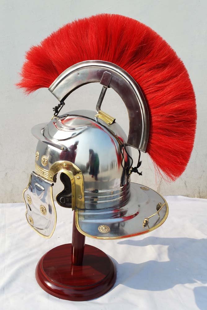 Shiv Shakti Enterprises Roman Centurion Helmet - Medieval Brass Accented Officer Helmet with Red Plume | Costume, Reenactment, Theater & Historical Display