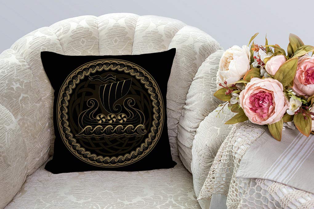 Viking Ship Throw Pillow Cover 18x18 Inch - Norse Drakkar Boat Historical Design, Black Celtic Cotton Linen Decorative Pillow Case for Living Room, Bedroom, Sofa Decor