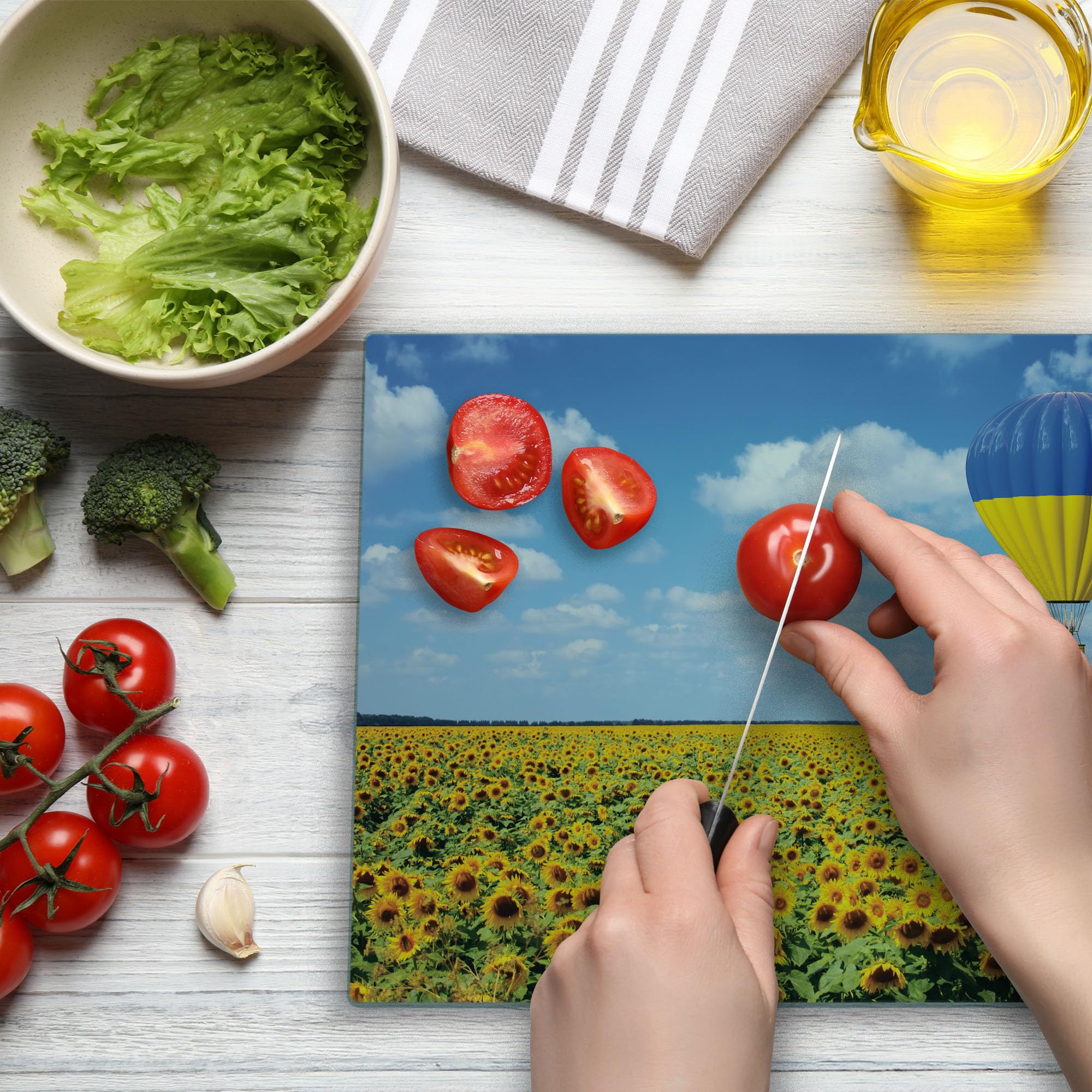 Ambesonne Hot Air Balloon Tempered Glass Cutting Board - Sunflower Field & Cloud Sky Design - Large Decorative Serving Tray for Kitchen, Charcuterie & Cheese Platter - Sky Blue & Yellow Artwork - Perfect for Entertaining, Housewarming Gifts & Home Decor