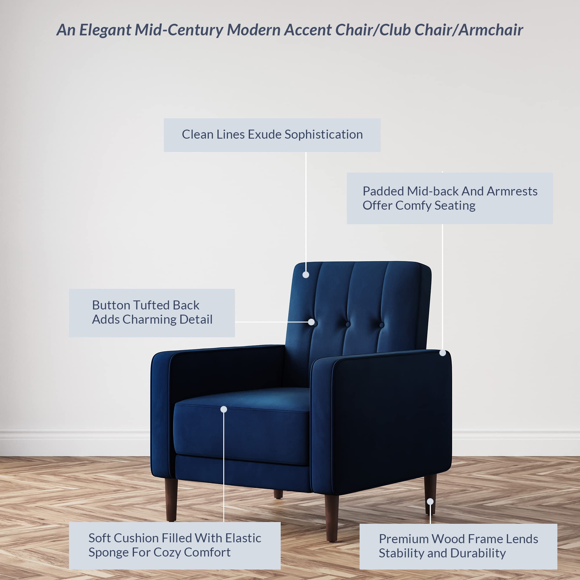 BELLEZE Mid Century Modern Accent Chair - Velvet Upholstered Armchair with Button Tufted Back, Comfy Lounge Reading Chair for Living Room & Bedroom - Navy Blue Valencia Style | Perfect for Small Spaces, Apartments and Cozy Corners