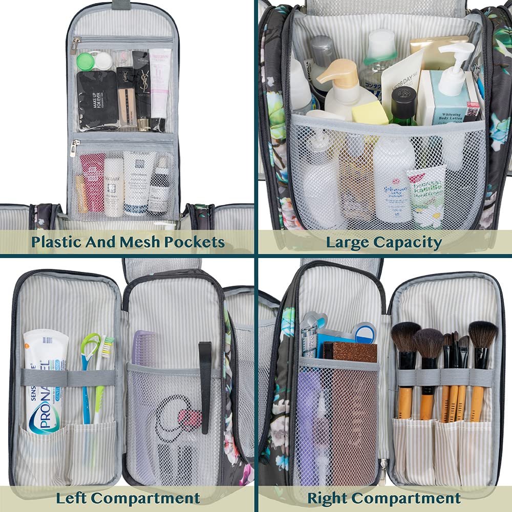 PAVILIA Large Hanging Toiletry Bag - Waterproof Travel Cosmetic Organizer for Women & Men, Floral Grey - Perfect for Travel Essentials & Accessories