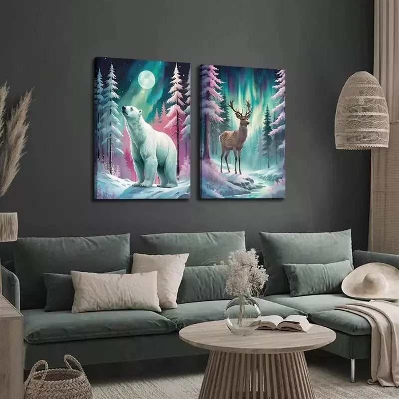2PCS Northern Lights Wall Art - Bear and Deer Framed Canvas Print 50x75cm, High Quality Australian Made, Ready to Hang for Living Room & Bedroom Decor