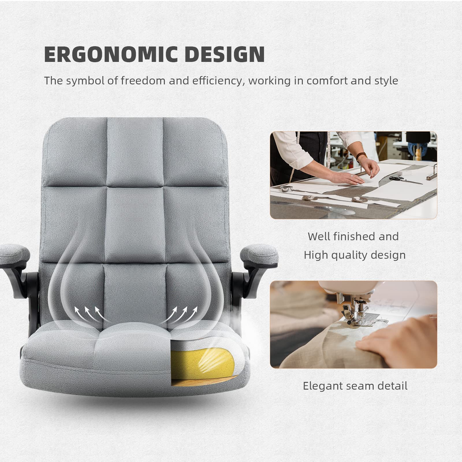 Ergonomic Home Office Chair with Wheels & Flip-Up Armrests - Adjustable Height & Backward Tilt for Comfort - Perfect for Long Work Hours, Gaming & Computer Desk Use