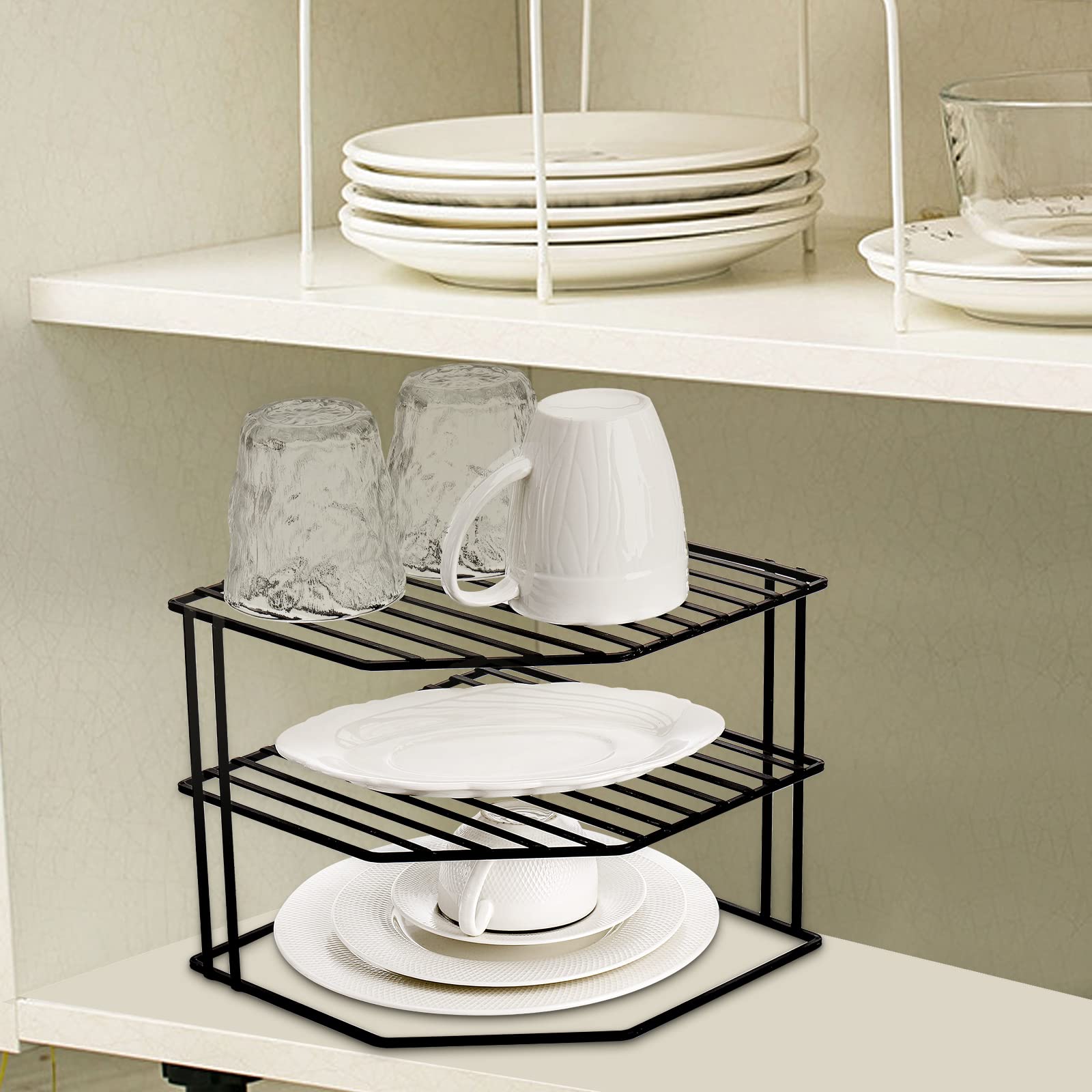 3-Tier Metal Wire Kitchen Corner Shelf Organizer - 9x9x7.5 Inch Counter & Cabinet Storage Rack for Plates, Cups, Dishes - Space Saving Pantry Solution for Small Kitchens, Bathrooms & Dorm Rooms