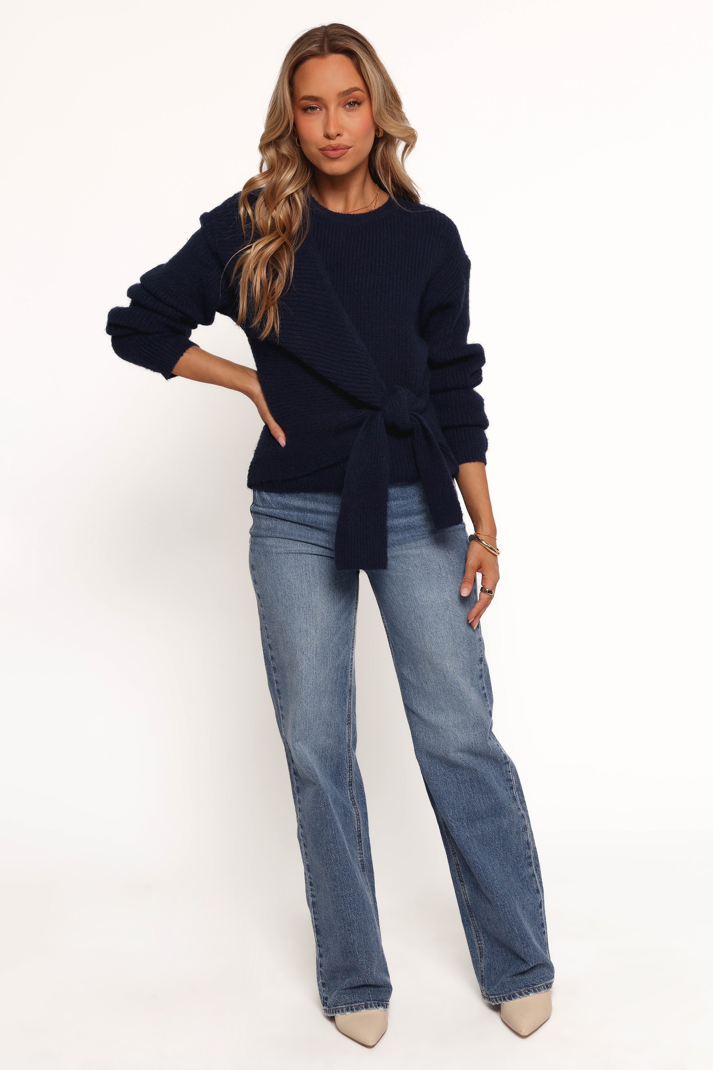 Ettie Wrap Side Tie Knit Sweater for Women - Navy Blue Cozy Cardigan, Perfect for Fall & Winter Outfits, Office Wear & Casual Dates