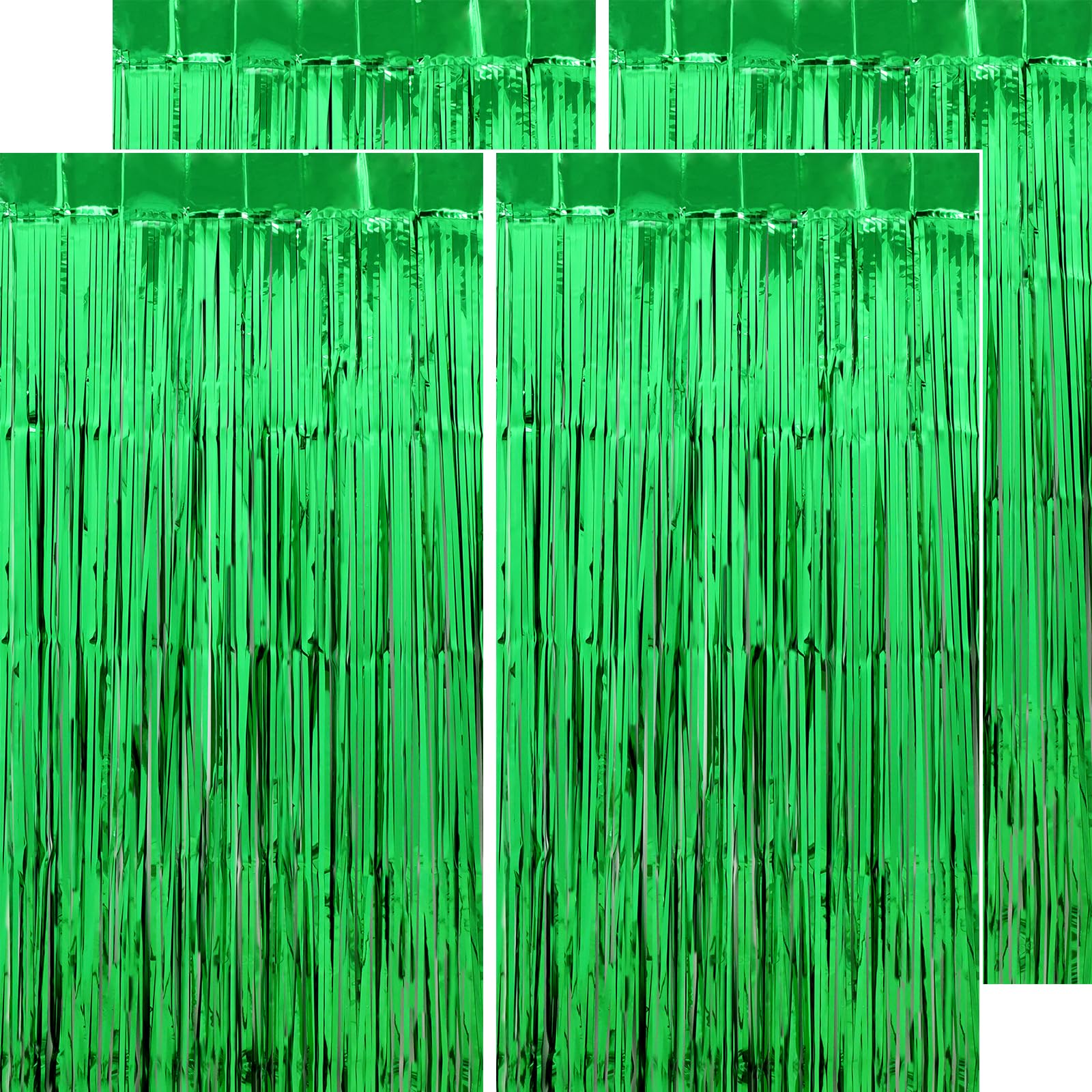 Premium Green Tinsel Foil Fringe Curtains - 4 Pack Thickened 3.2x8.2 FT Party Streamers - Durable Birthday, Jungle, Dinosaur, Sports Theme Decorations - Perfect for Backdrops, Photo Booths & Event Decor