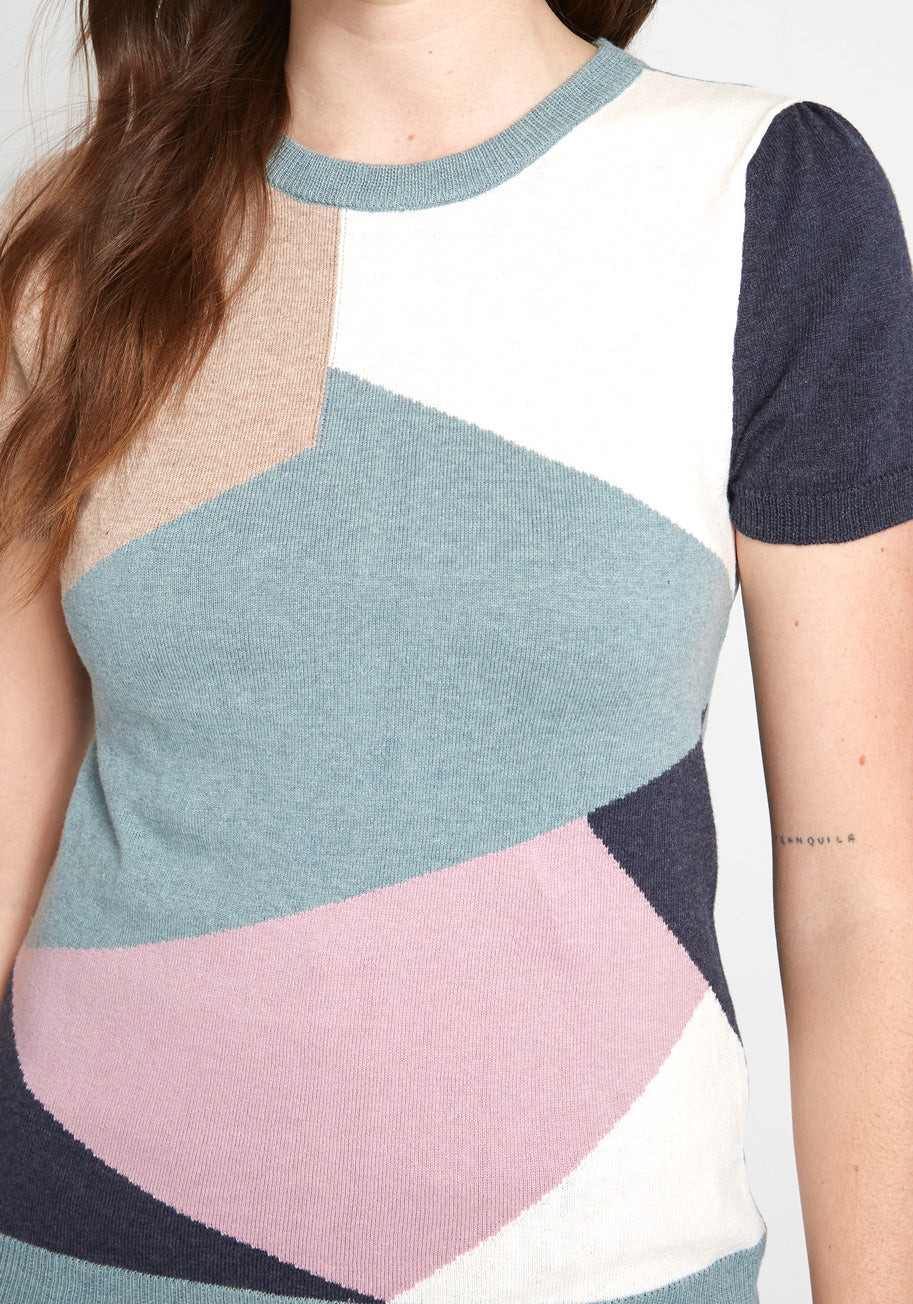 Stylish Mosaic Pattern Short Sleeve Sweater for Women - Trendy Knit Top for Casual Wear, Office Outfits & Spring Layering