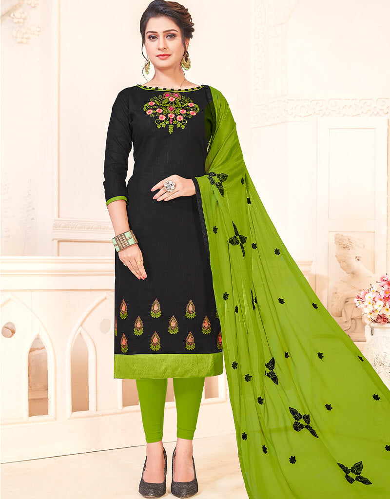 Black South Cotton Slub Chudidar Salwar Suits for Women - Traditional Indian Ethnic Wear for Festivals, Weddings & Special Occasions