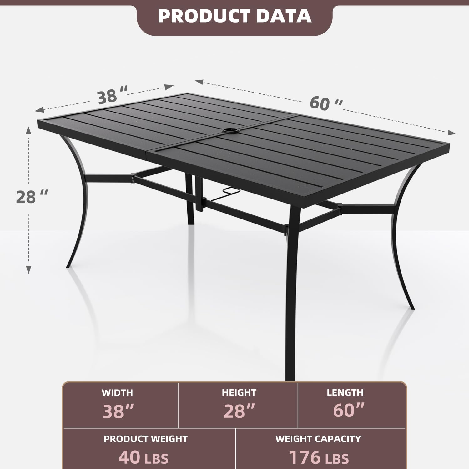 60x38 Inch Dark Black Outdoor Dining Table - Weather-Resistant Patio Furniture for Backyard, Garden, and Poolside Dining