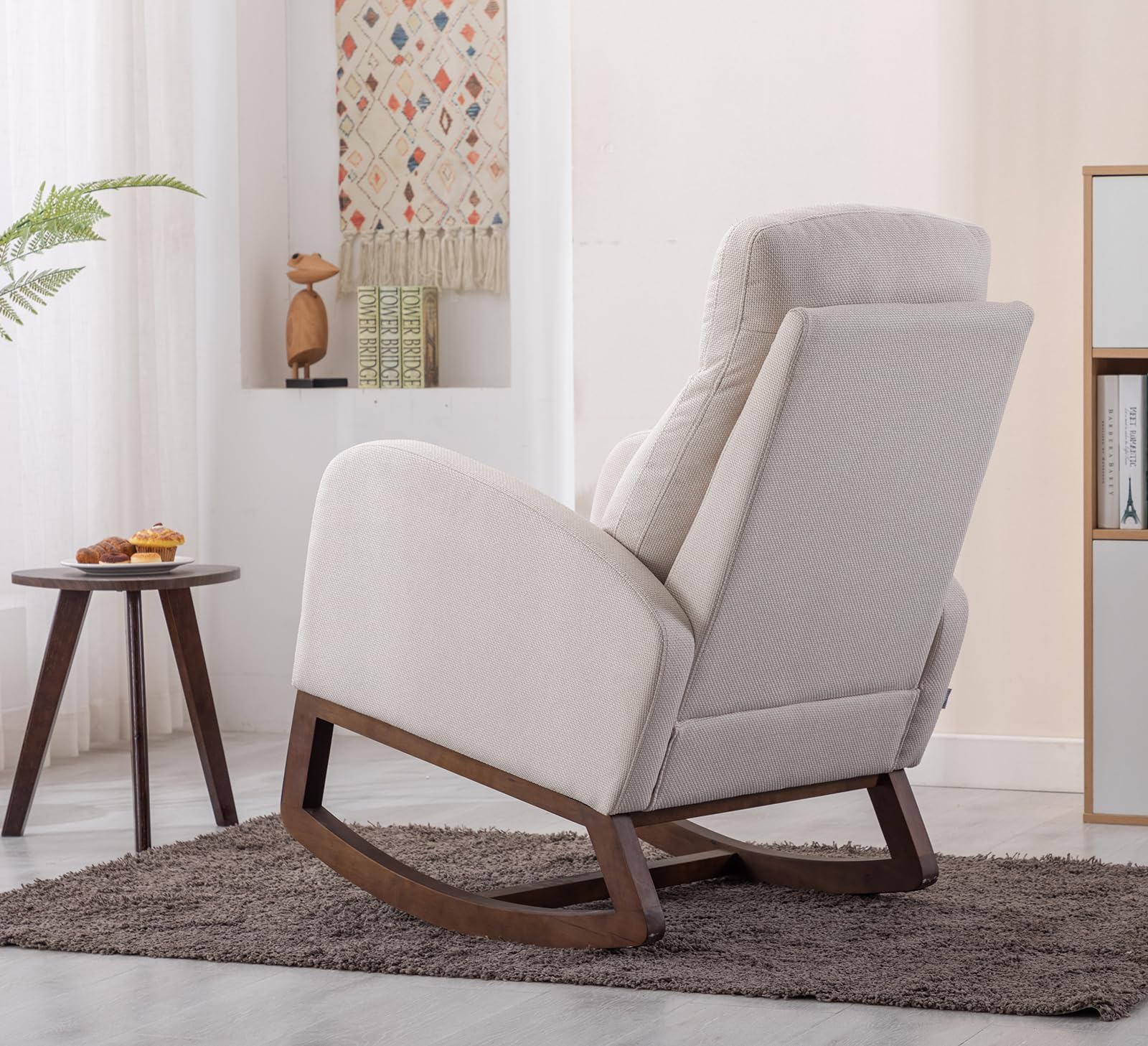 Modern Upholstered Glider Rocking Chair with Side Pocket - High Back Support Nursery Rocker, Solid Wood Base Accent Armchair for Living Room, Bedroom, Nursery & Office - Perfect for Breastfeeding, Reading & Relaxing (Beige)