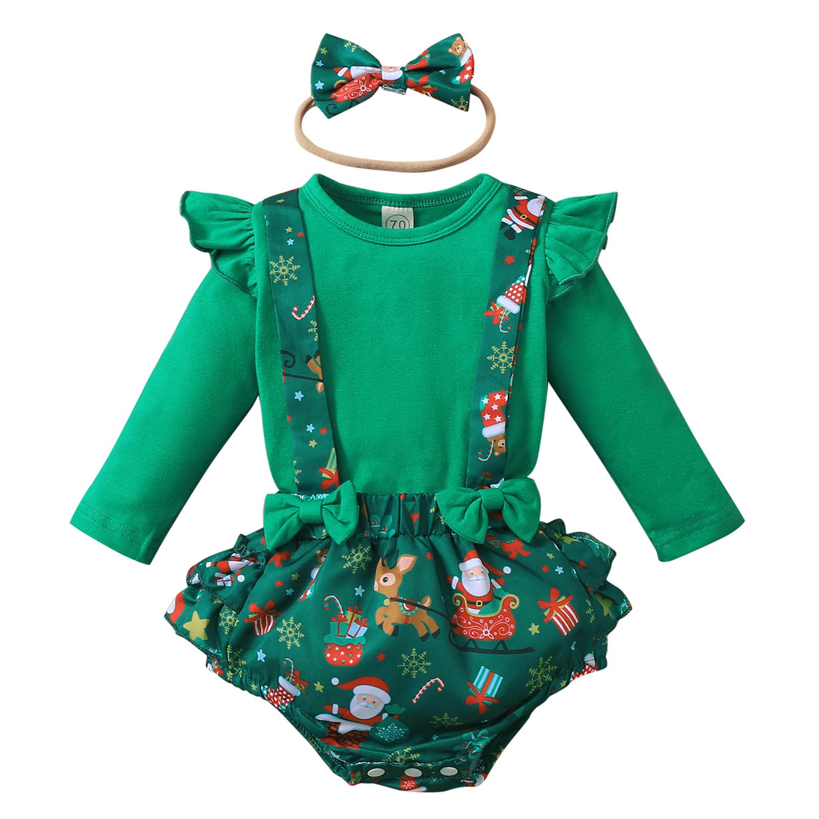 Baby Girls Christmas Outfit Set - Santa Deer Print Top + Suspenders Shorts + Headband | Soft Cotton Infant Holiday Clothes for Xmas Party & Photo Shoots