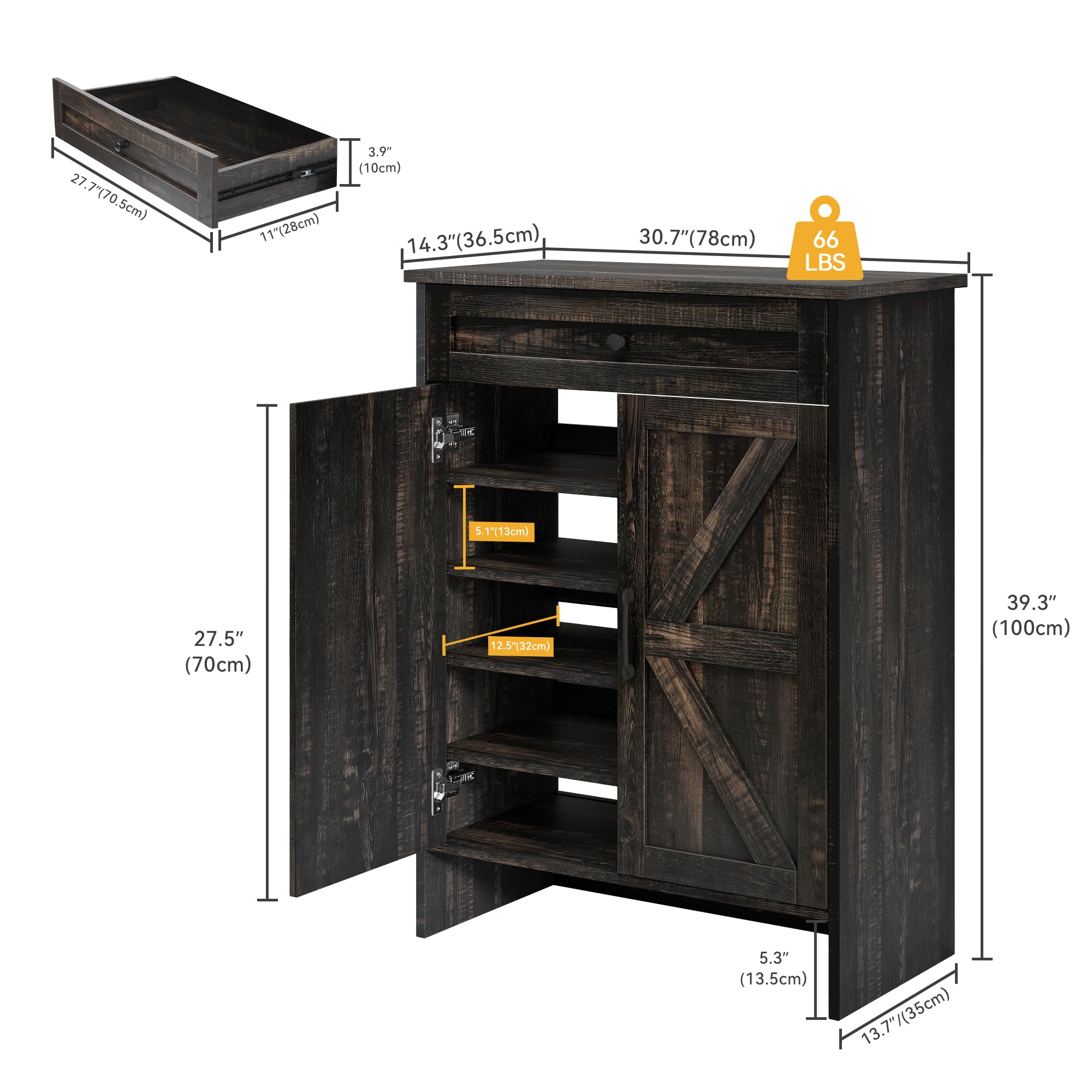 DWVO 6-Tier Shoe Storage Cabinet with Doors & Drawer - Adjustable Shelves Shoe Organizer for Entryway, Hallway & Living Room - Dark Rustic Oak Finish - Perfect for Small Spaces & Closet Organization